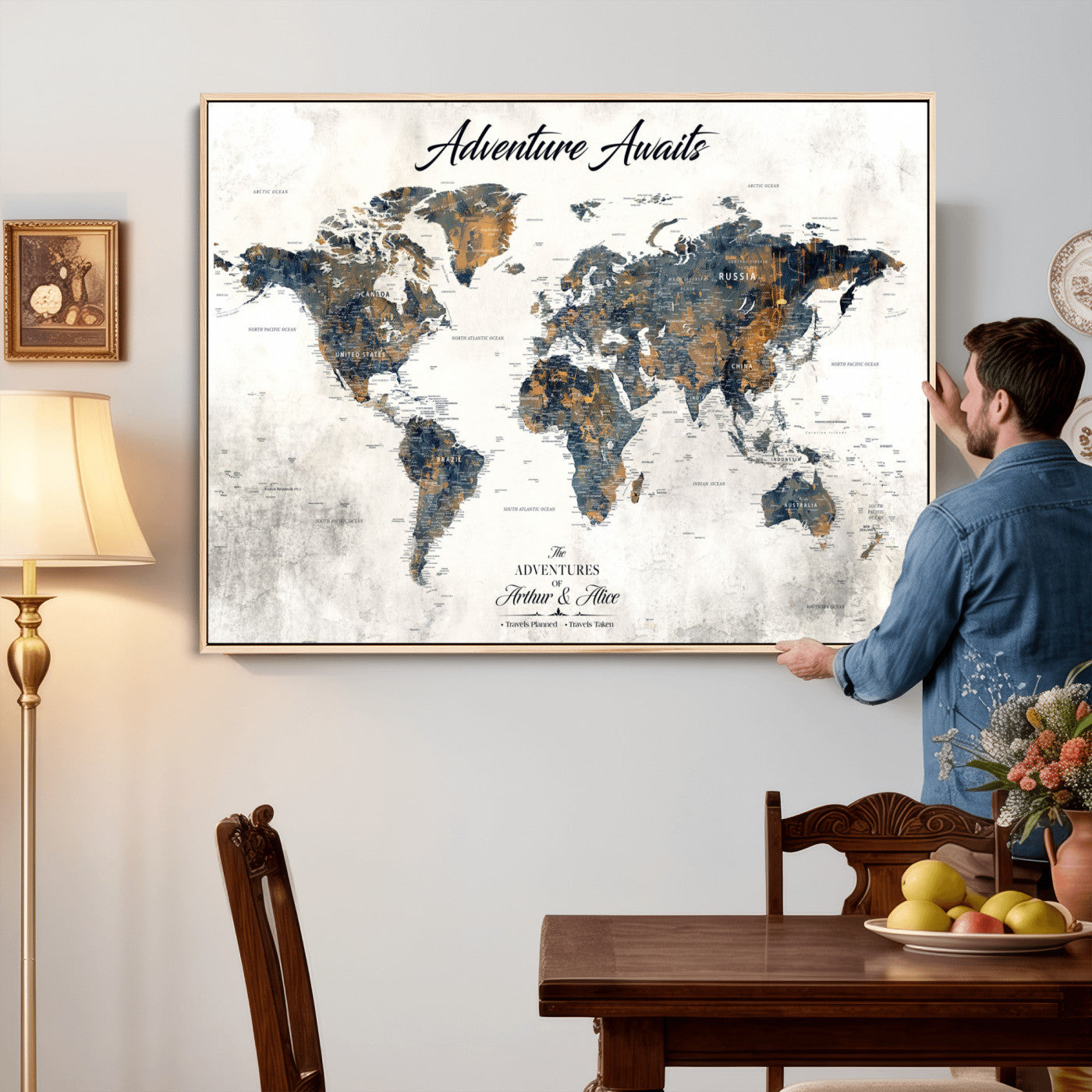68986086-MGV-FC-36X24 - Customized Push Pin World Map Wall Art Canvas Print with Pins, Framed Personalize Travel Tracker Map, World Map for Office Decor