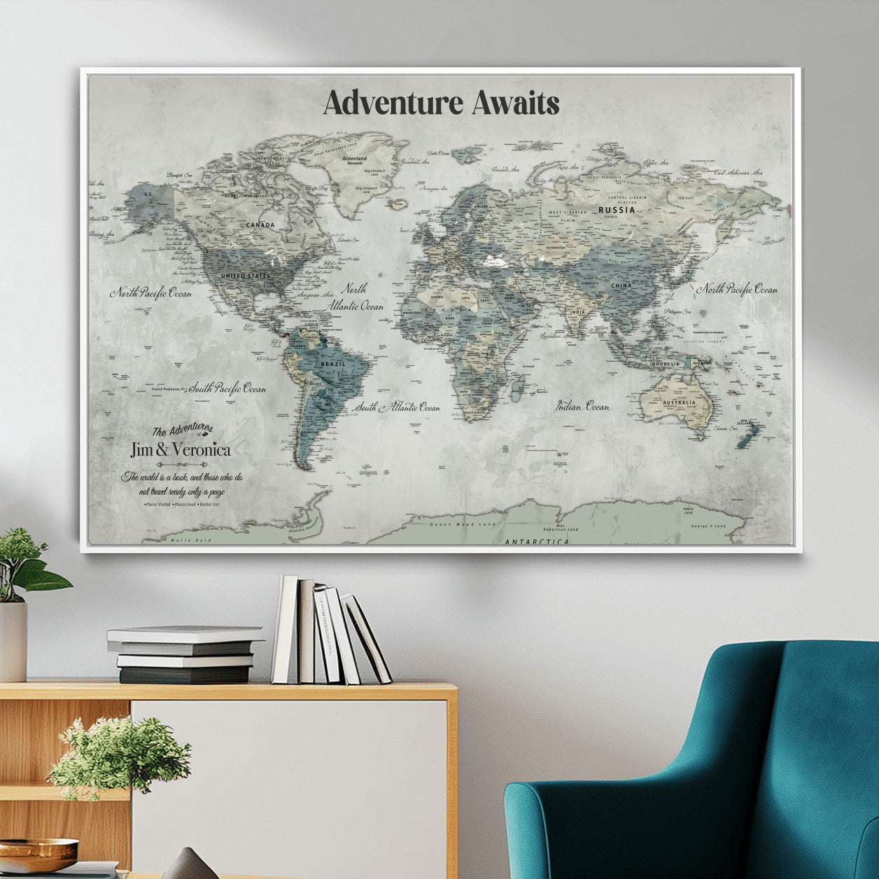 99034689-MGV-FC-36X24 - Customized Push Pin World Map Wall Art Canvas Print with Pins, Framed Personalize Travel Tracker Map, World Map for Living Room and Office Decor