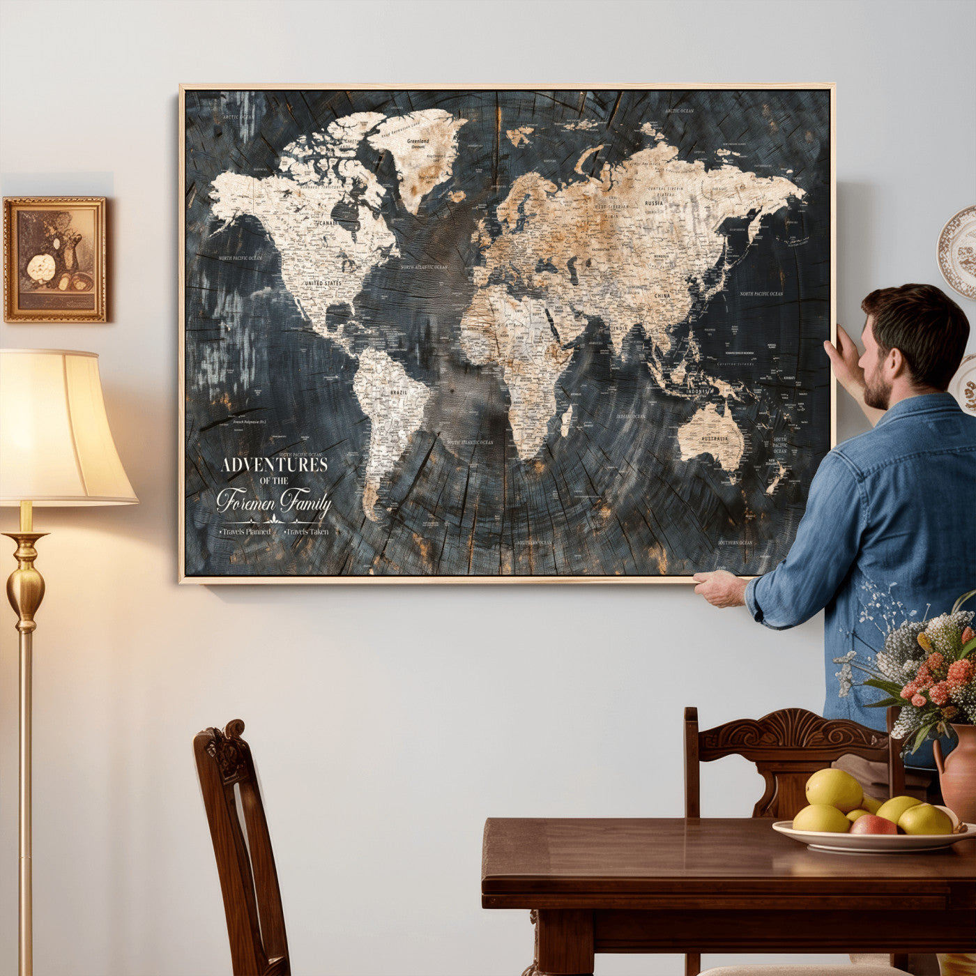 74461965-MGV-FC-36X24 - Customized Push Pin World Map Wall Art Canvas Print with Pins, Framed Personalize Travel Tracker Map, World Map for Living Room and Office Decor
