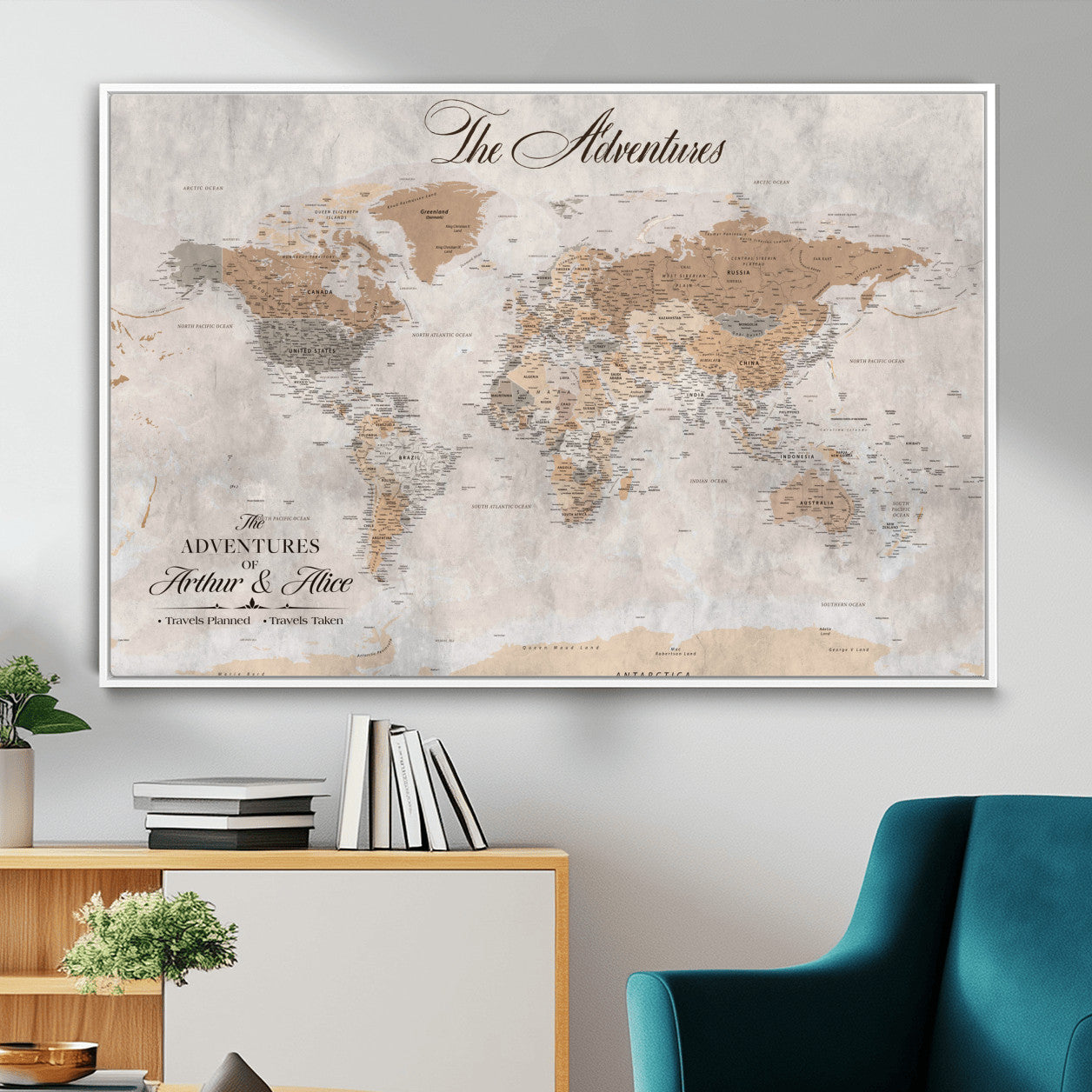 85771580-MGV-FC-36X24 - Custom Push Pin World Map Wall Art Canvas Print with Pins, Framed Personalize Travel Tracker Map, World Map for Living Room and Office Decor