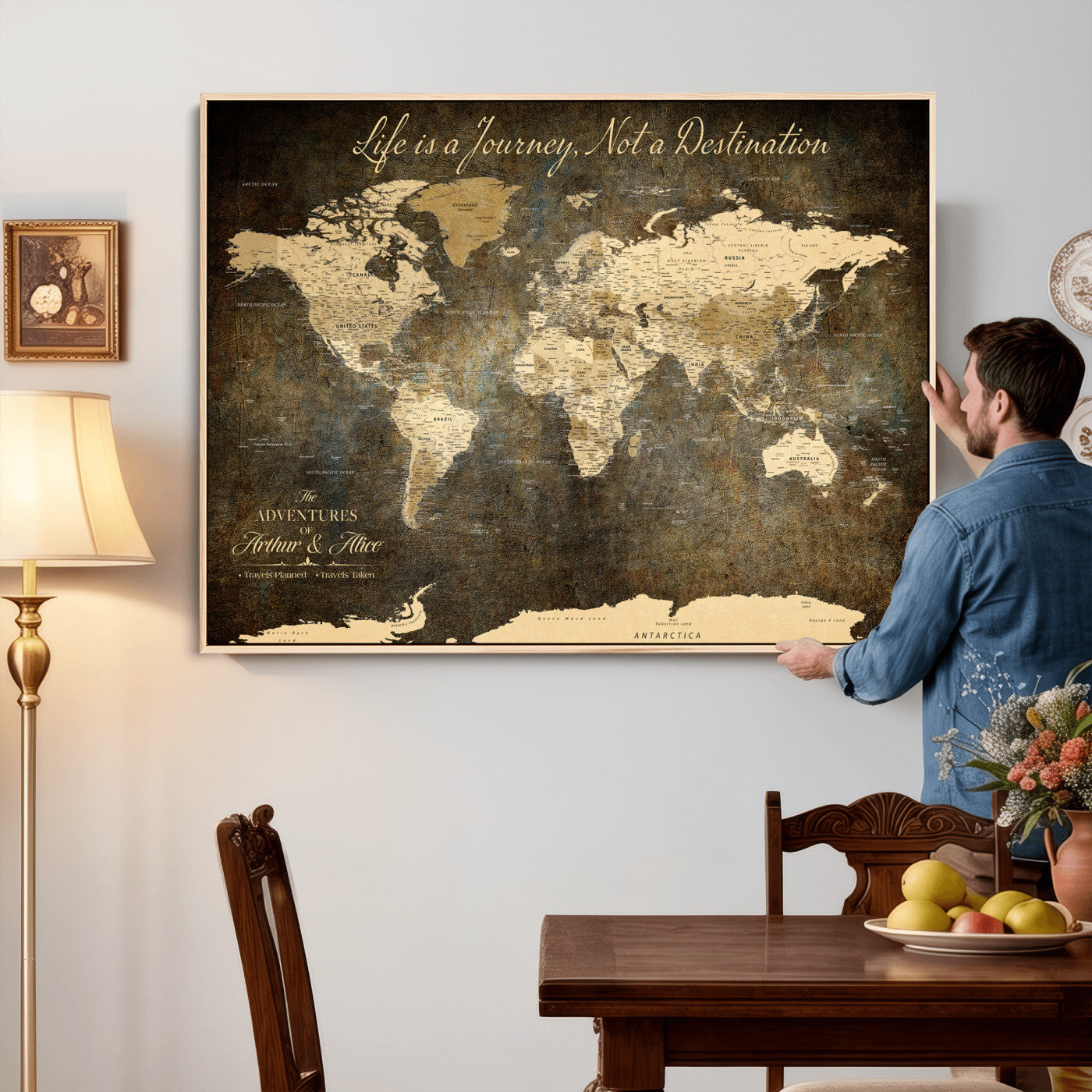 75877068-MGV-CV-36X24 - Custom Push Pin World Map Wall Art Canvas Print – Personalized Travel Tracker with Pins Framed Large for Home and Office Decor