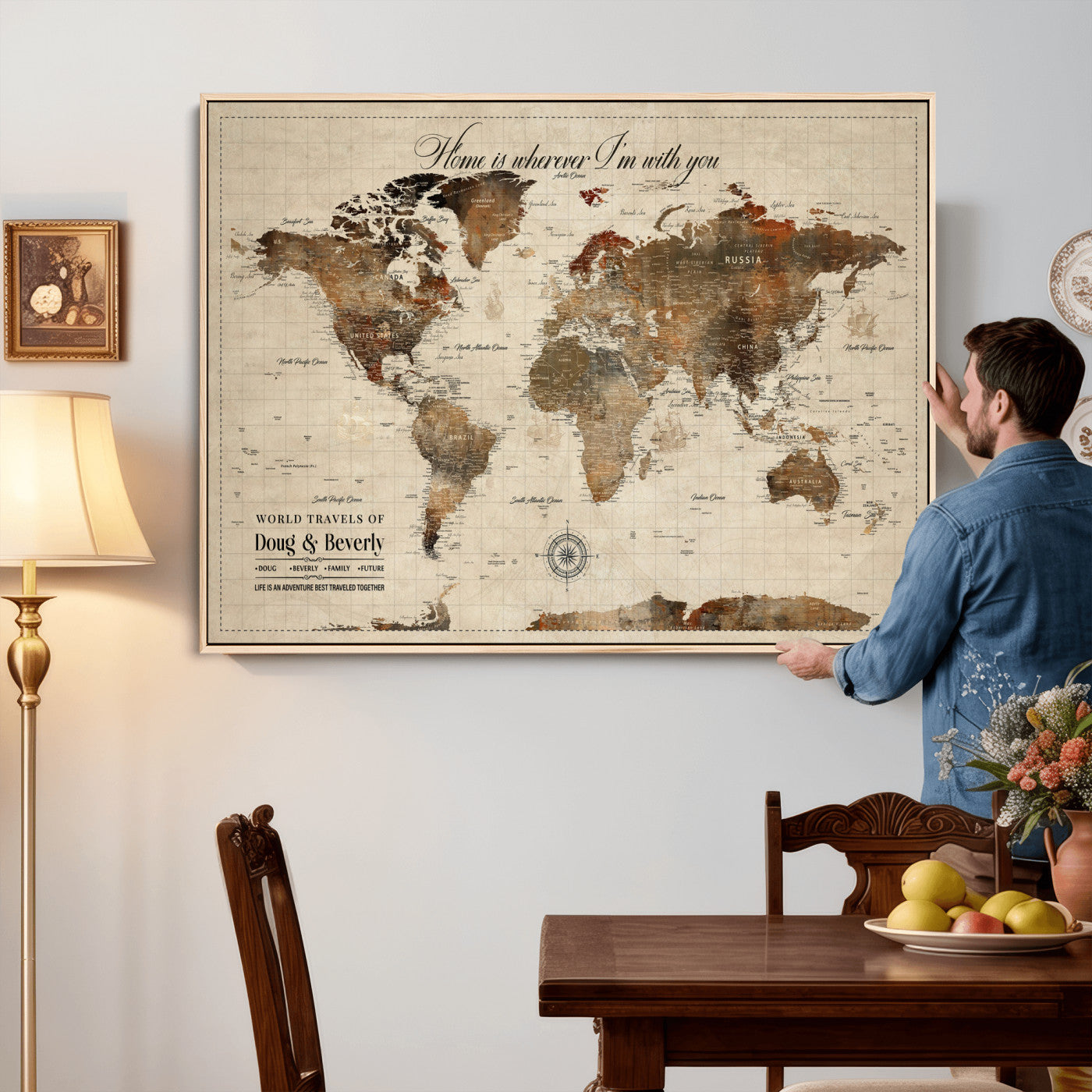 94399474-MGV-CV-36X24 - Custom Push Pin World Map Wall Art Canvas Print – Personalized Travel Tracker with Pins Framed Large for Home and Office Decor