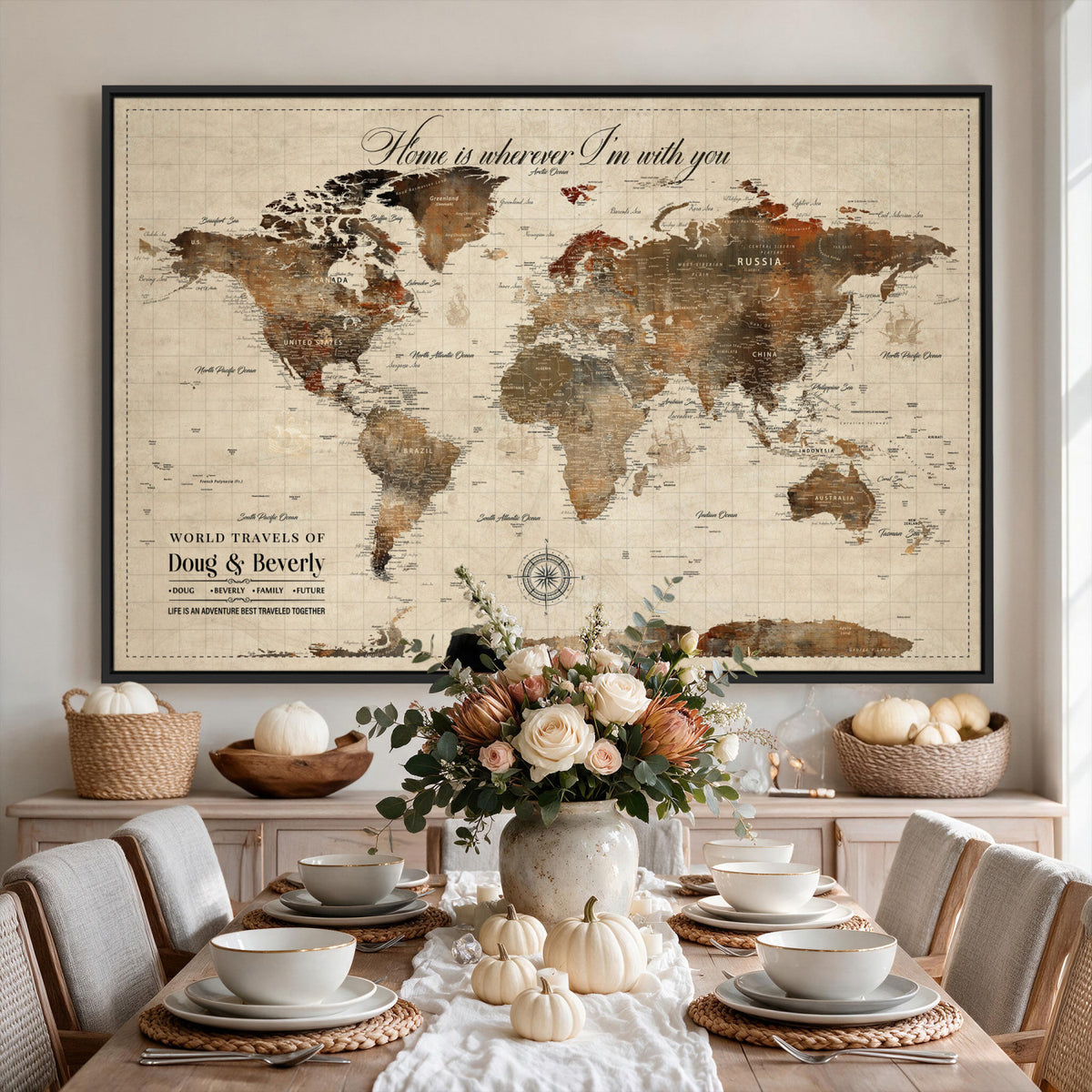 94399474-MGV-CV-36X24 - Large Custom Framed Beige Vintage World Travel Map Wall Art with Pins, Couples Countries Visited Map, Living Room and Hallway Decor