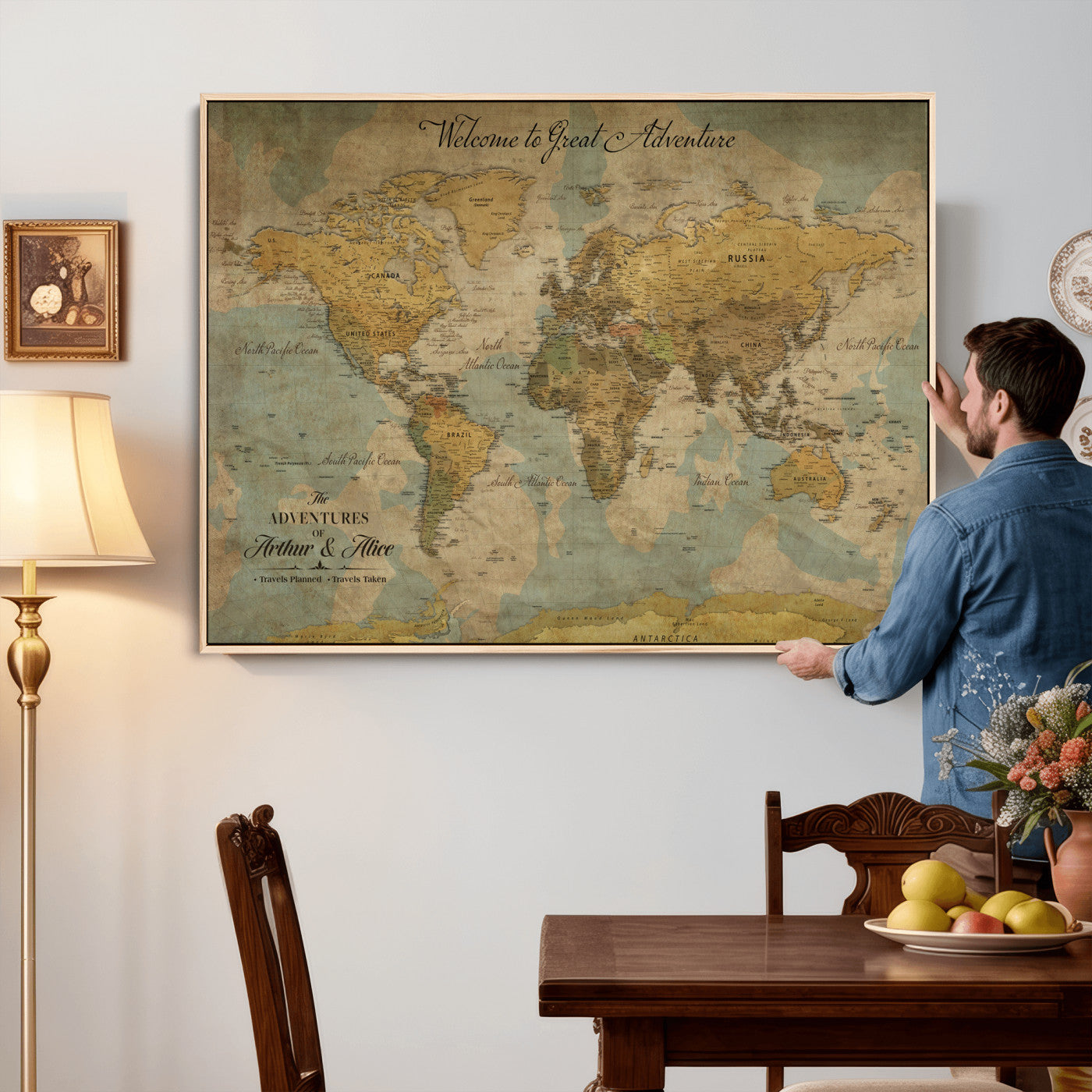 37903085-MGV-CV-36X24 - Custom Push Pin World Map Wall Art Canvas Print – Personalized Travel Tracker with Pins Framed Large for Home and Office Decor