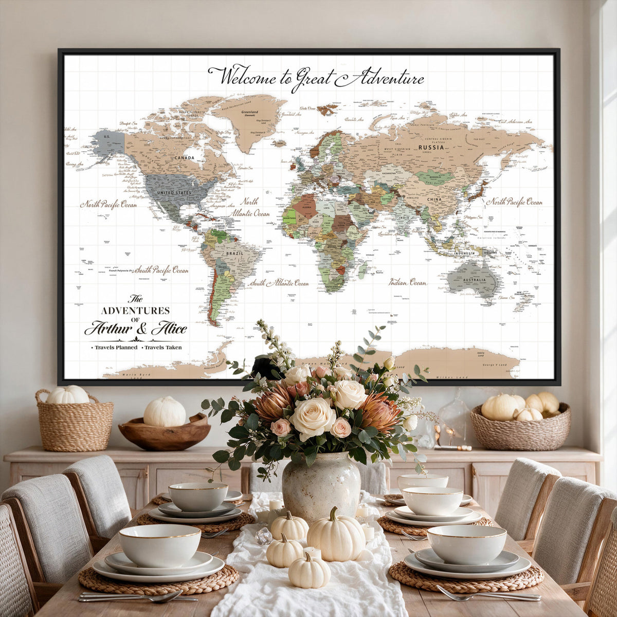 85396539-MGV-CV-36X24 - Custom Beige Push Pin World Map Wall Art, Bucket List Map, Study and Hallway Decor