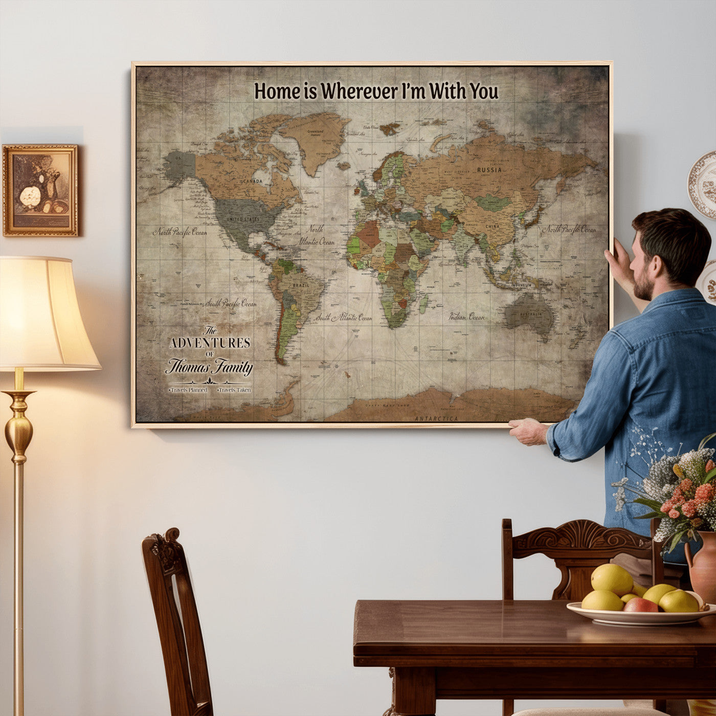 22593671-MGV-CV-36X24 - Custom Push Pin World Map Wall Art Canvas Print – Personalized Travel Tracker with Pins Framed Large for Home and Office Decor