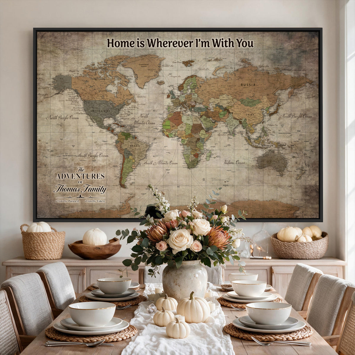 22593671-MGV-CV-36X24 - Personalized Beige Geometric World Map Canvas with Push Pins, Next Trip Planner Map, Study and Entryway Decor