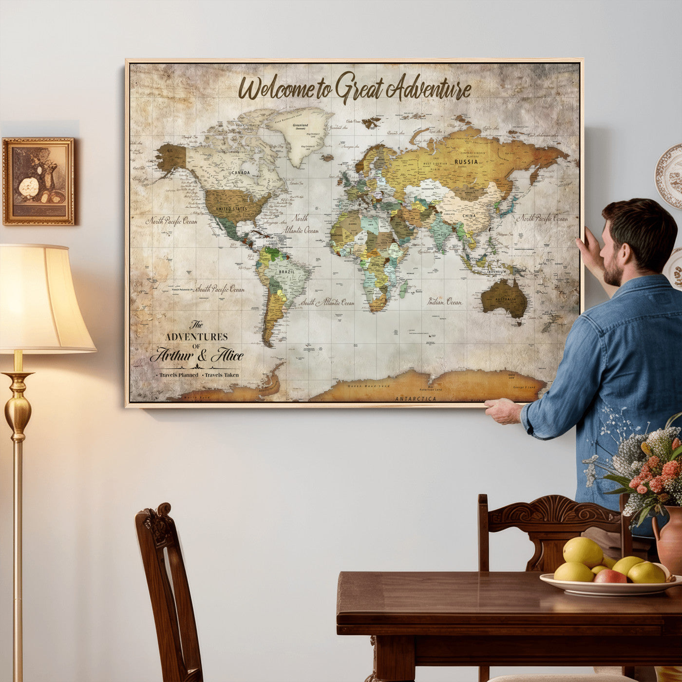 33043195-MGV-CV-36X24 - Custom Push Pin World Map Wall Art Canvas Print – Personalized Travel Tracker with Pins Framed Large for Home and Office Decor