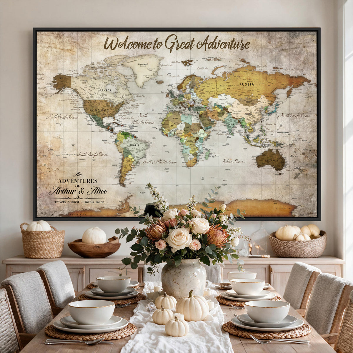 33043195-MGV-CV-36X24 - Personalized Beige World Travel Map Wall Art with Pins, Family Travel Tracker, Family Room and Study Decor