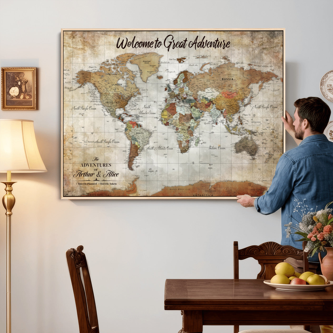 22906161-MGV-CV-36X24 - Custom Push Pin World Map Wall Art Canvas Print – Personalized Travel Tracker with Pins Framed Large for Home and Office Decor