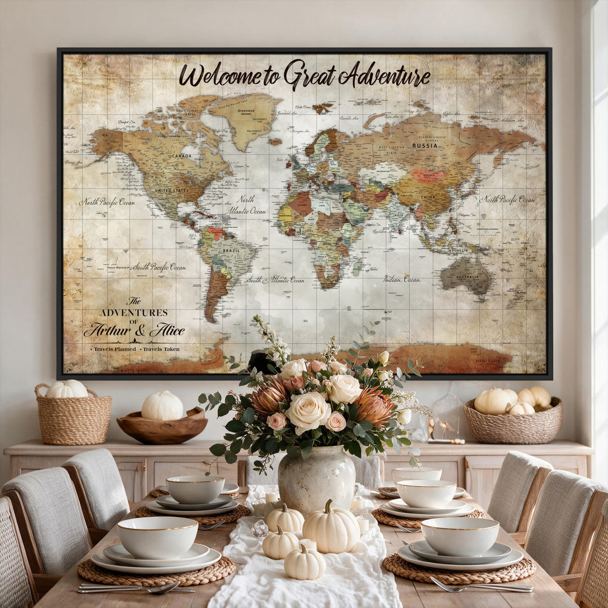 22906161-MGV-CV-36X24 - Personalized Beige Push Pin World Map Wall Art, Bucket List Map, Living Room and Family Room Decor