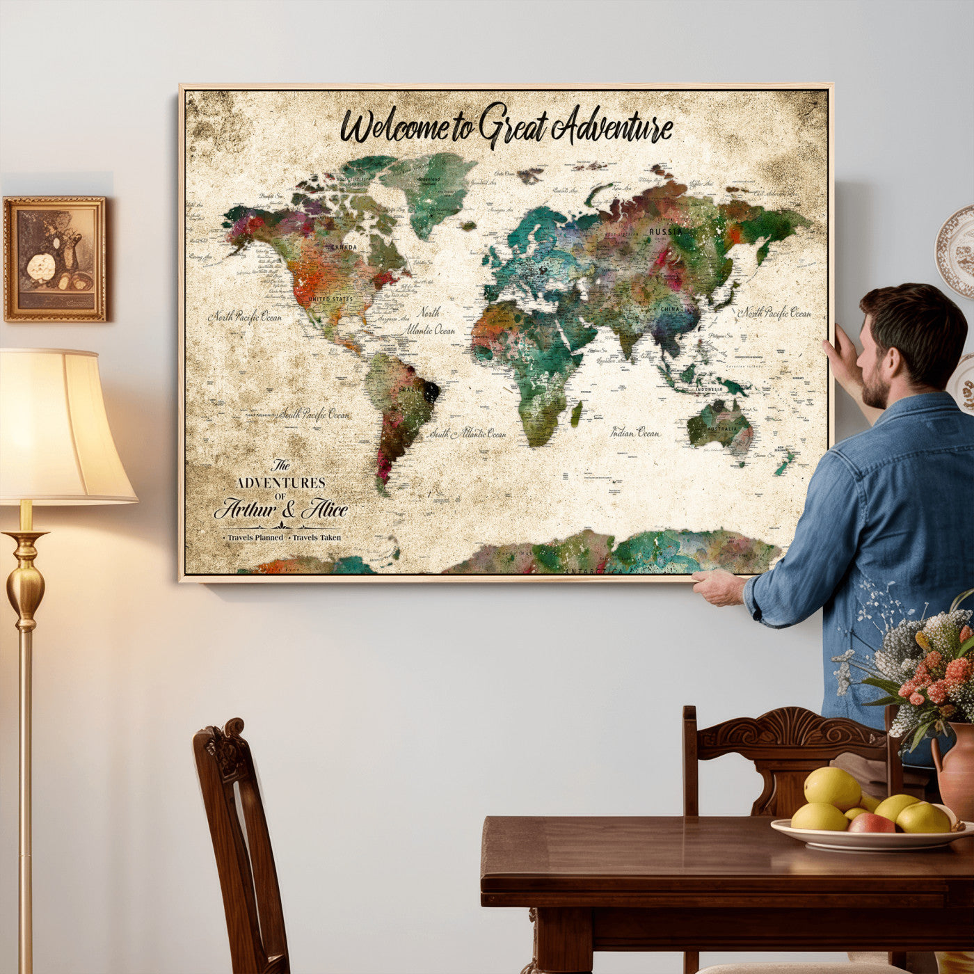 89225601-MGV-CV-36X24 - Custom Push Pin World Map Wall Art Canvas Print – Personalized Travel Tracker with Pins Framed Large for Home and Office Decor