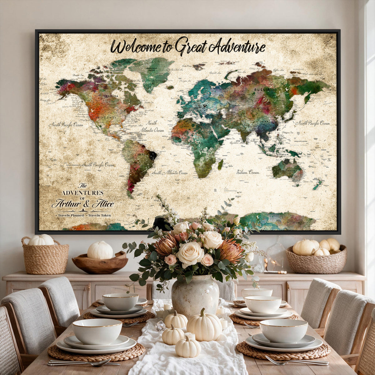 89225601-MGV-CV-36X24 - Personalized Beige Grunge World Map Canvas with Push Pins, Next Trip Planner Map, Family Room and Home Office Decor