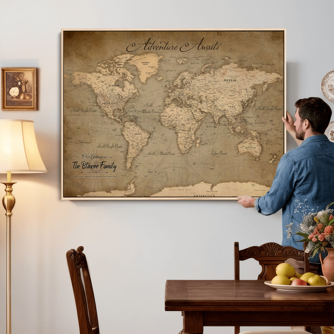 59418012-MGV-CV-36X24 - Custom Push Pin World Map Wall Art Canvas Print – Personalized Travel Tracker with Pins Framed Large for Home and Office Decor
