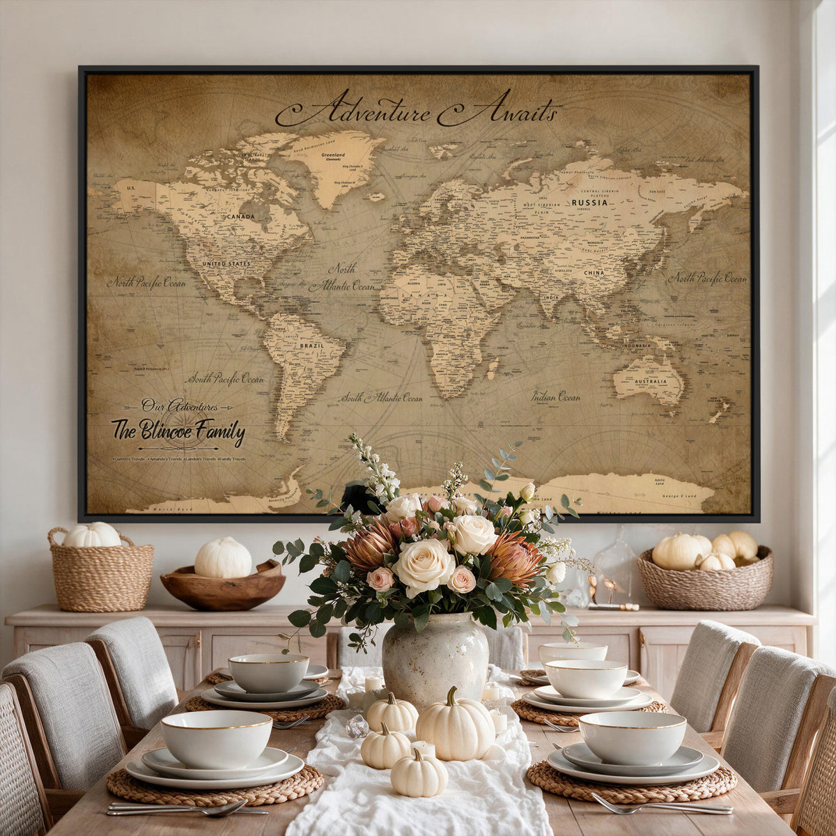 59418012-MGV-CV-36X24 - Personalized Framed Beige World Travel Map Wall Art with Pins, Family Travel Tracker, Family Room and Entryway Decor