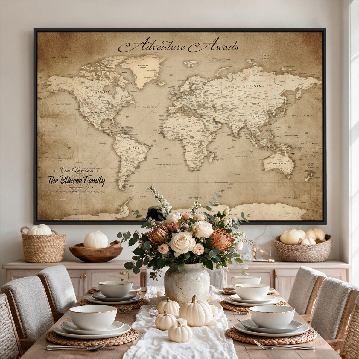 59757370-MGV-CV-36X24 - Personalized Black Modern Push Pin World Map Wall Art, Places Visited Tracker, Family Room and Bedroom Decor