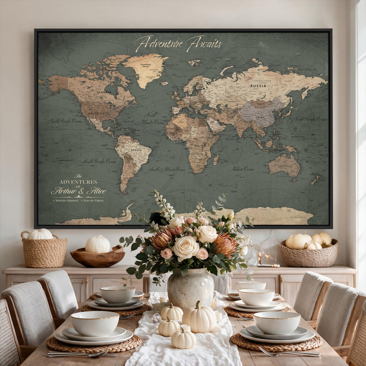 24734446-MGV-CV-36X24 - Personalized Framed Beige Modern World Map Canvas with Push Pins, Bucket List Map, Family Room and Dining Room Decor