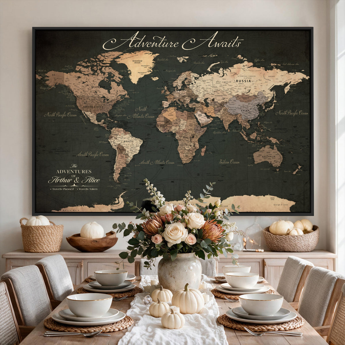 74987709-MGV-CV-36X24 - Custom Gray Modern Push Pin Travel Map Canvas Print, Next Trip Planner Map, Family Room and Bedroom Decor