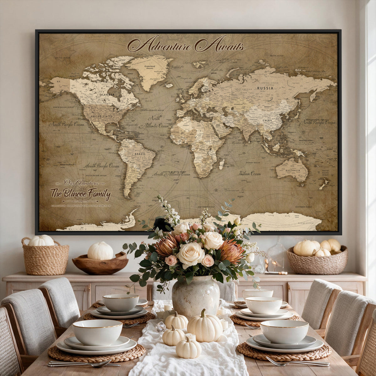 96775856-MGV-CV-36X24 - Custom Beige Modern Push Pin World Map Canvas Print, Family Travel Tracker, Dining Room and Home Office Decor