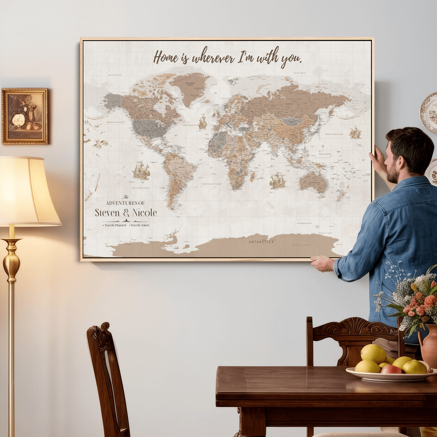 25831578-MGV-CV-36X24 - Custom Push Pin World Map Wall Art Canvas Print – Personalized Travel Tracker with Pins Framed Large for Home and Office Decor