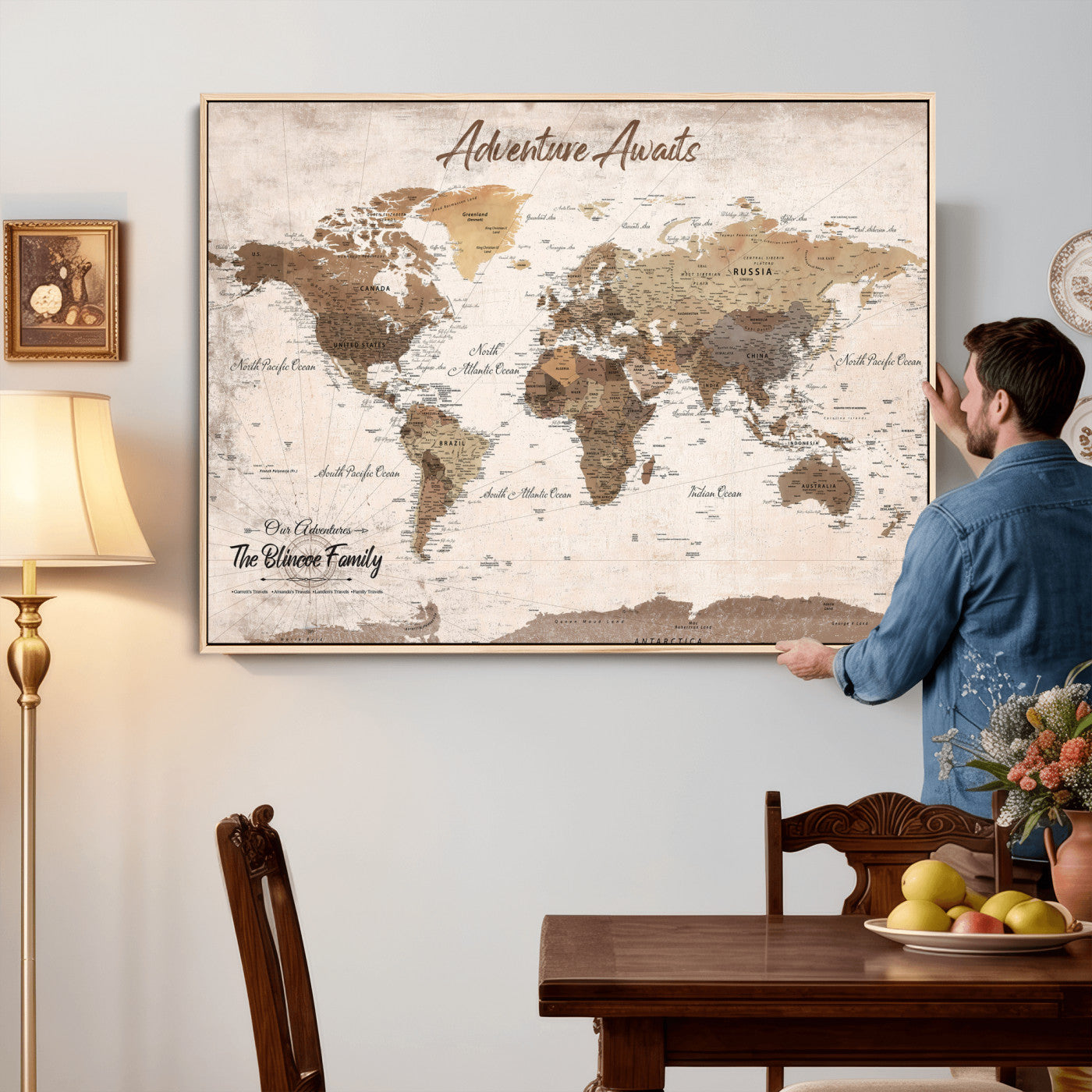 70887266-MGV-CV-36X24 - Custom Push Pin World Map Wall Art Canvas Print – Personalized Travel Tracker with Pins Framed Large for Home and Office Decor