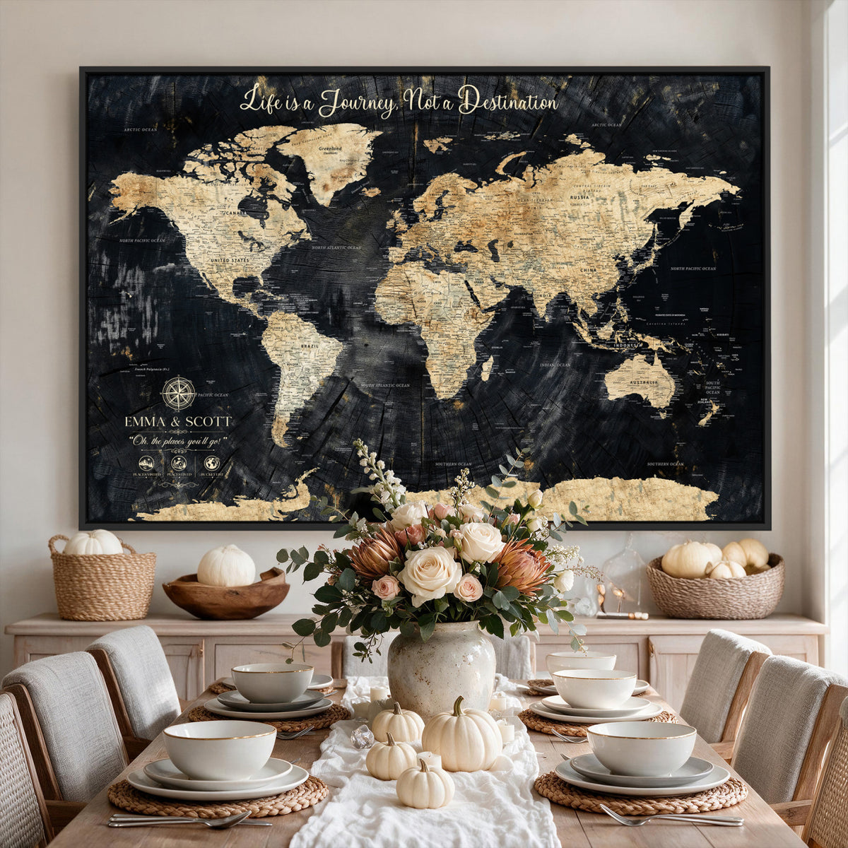 NEWMAP-13-MGV-CV-36X24 - Personalized Framed Navy Modern Push Pin World Map Canvas Print, Couples Countries Visited Map, Family Room and Study Decor