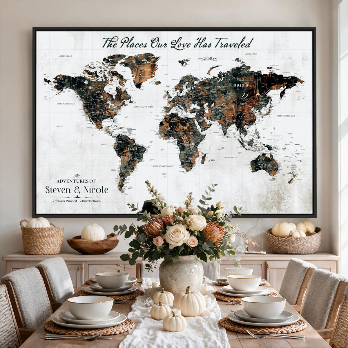 29090064-MGV-CV-36X24 - Personalized Beige Push Pin World Map Canvas Print, Honeymoon and Anniversary Gift, Living Room and Dining Room Decor