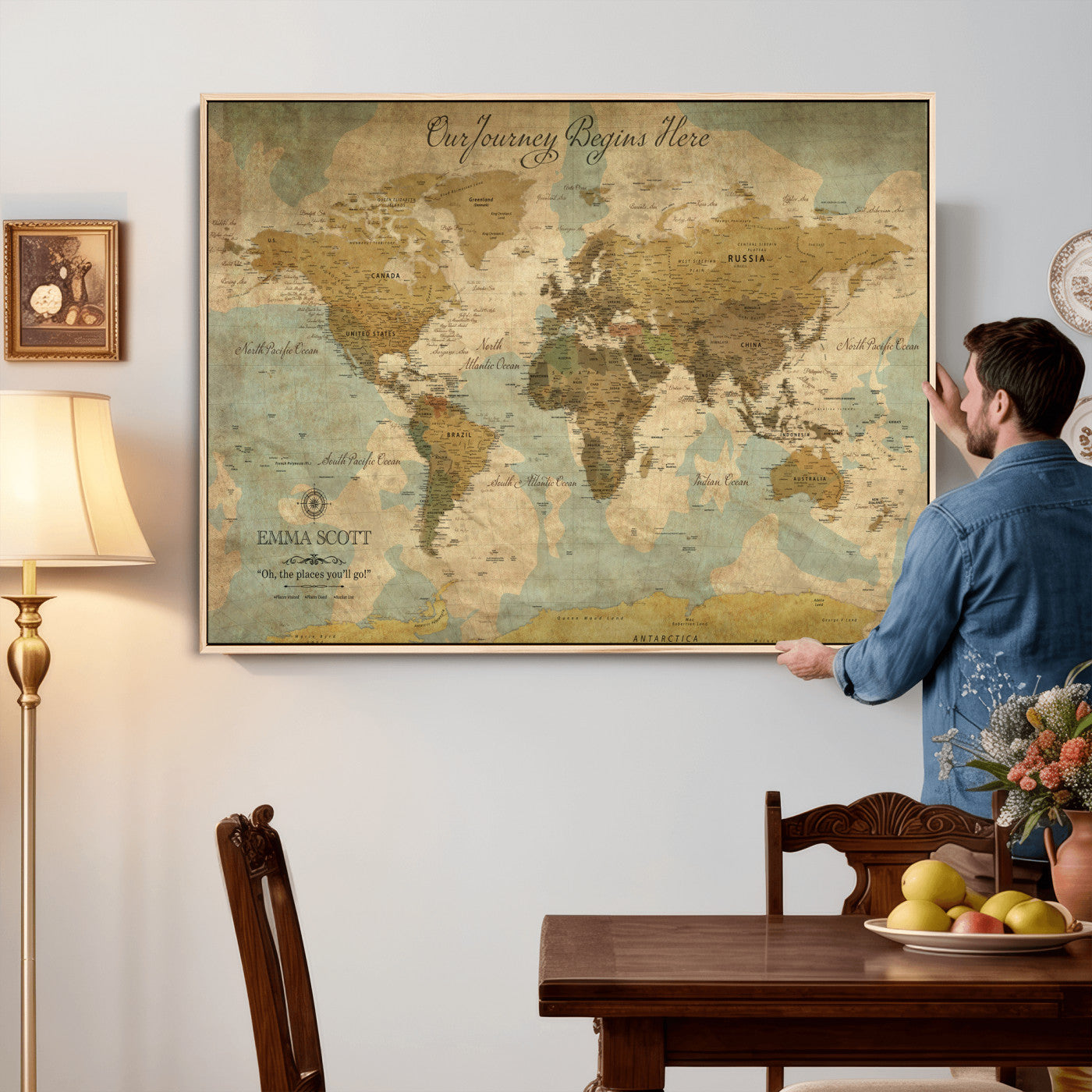 66550749-MGV-CV-36X24 - Custom Push Pin World Map Wall Art Canvas Print – Personalized Travel Tracker with Pins Framed Large for Home and Office Decor