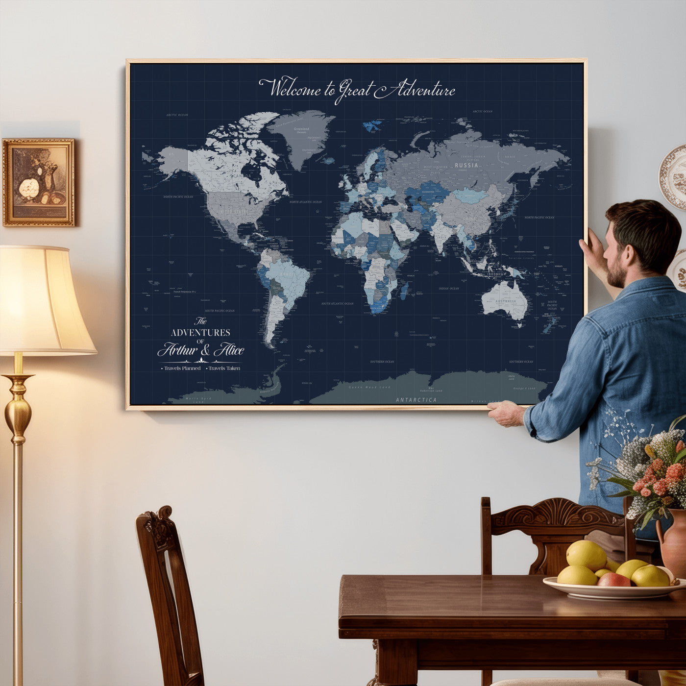 51673389-MGV-CV-36X24 - Custom Push Pin World Map Wall Art Canvas Print – Personalized Travel Tracker with Pins Framed Large for Home and Office Decor