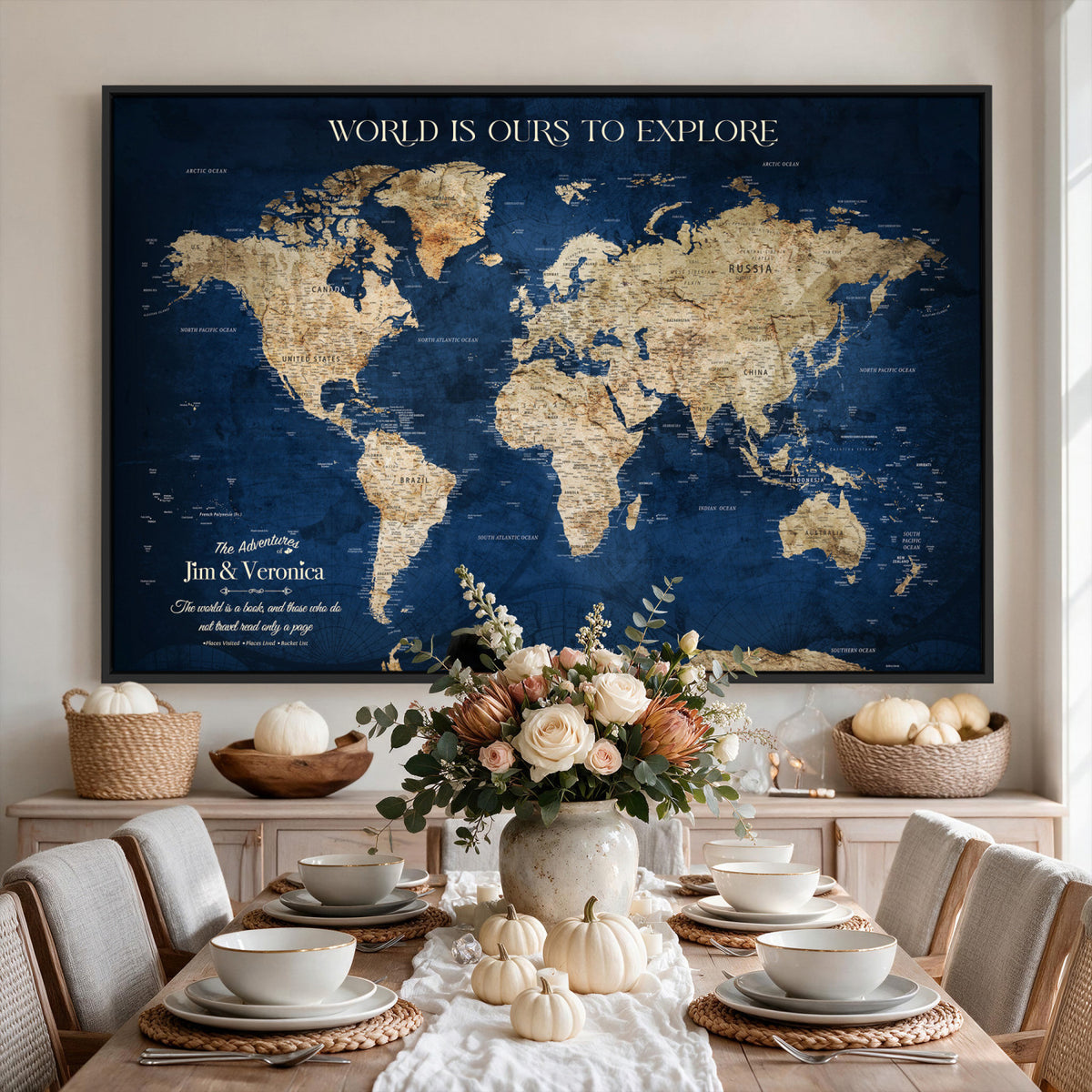 35296308-MGV-CV-36X24 - Custom Push Pin World Map Wall Art Canvas Print – Personalized Travel Tracker with Pins Framed Large for Home and Office Decor