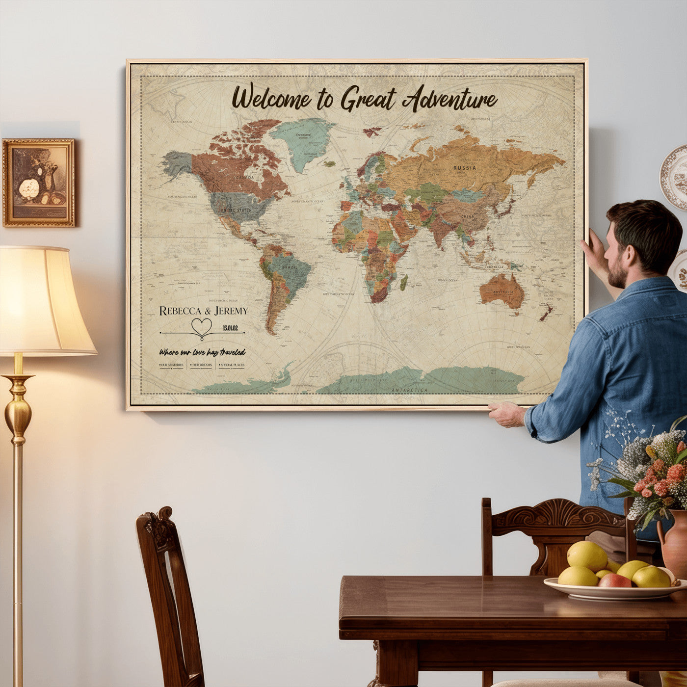44361524-MGV-CV-36X24 - Custom Push Pin World Map Wall Art Canvas Print – Personalized Travel Tracker with Pins Framed Large for Home and Office Decor