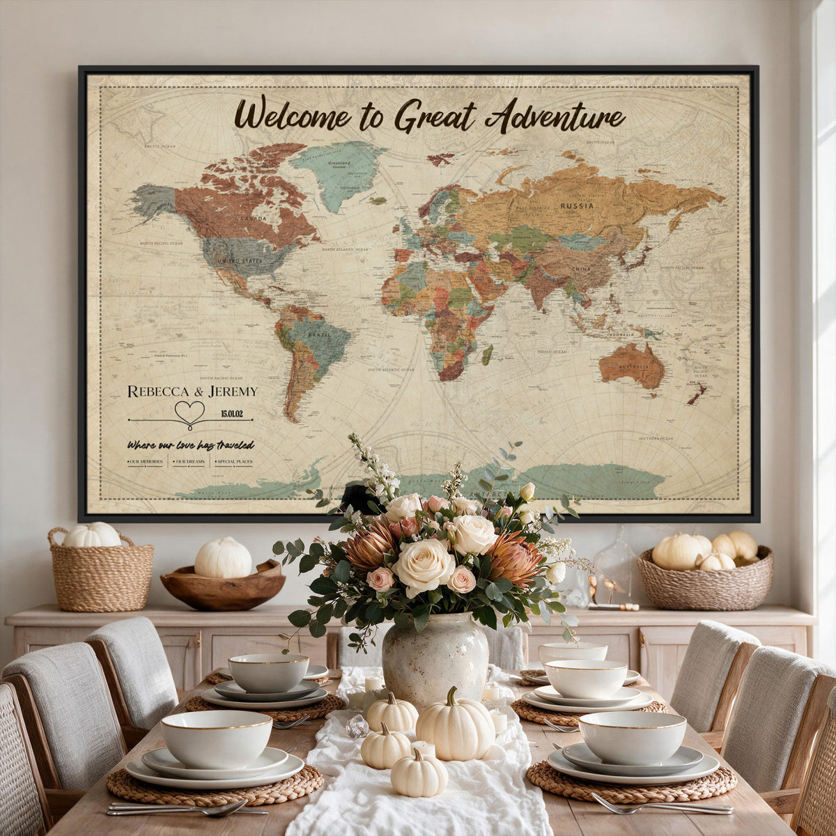 44361524-MGV-CV-36X24 - Custom Push Pin World Map Wall Art Canvas Print | Personalized Travel Tracker with Pins Framed Large for Home and Office Decor
