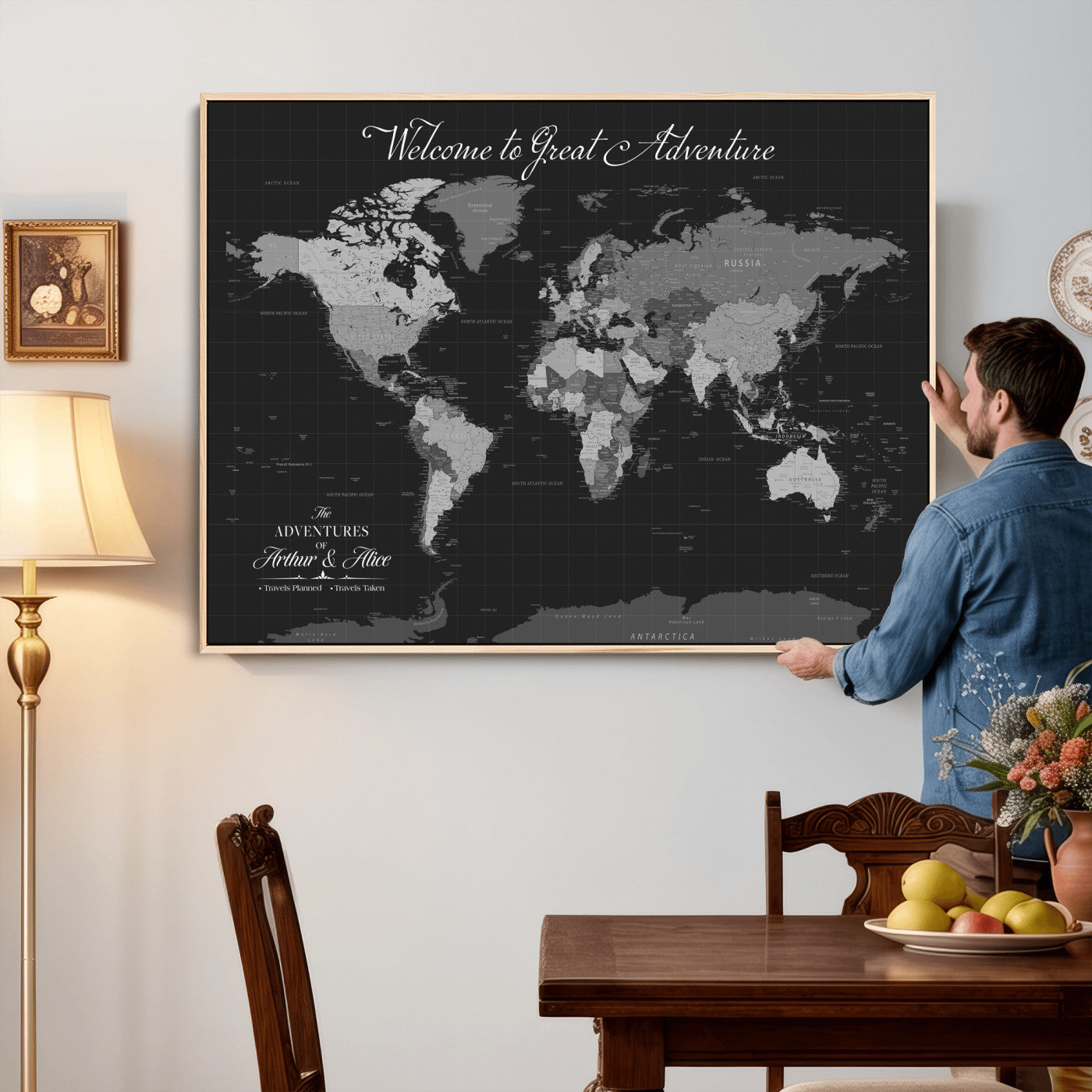 57127599-MGV-CV-36X24 - Custom Push Pin World Map Wall Art Canvas Print – Personalized Travel Tracker with Pins Framed Large for Home and Office Decor