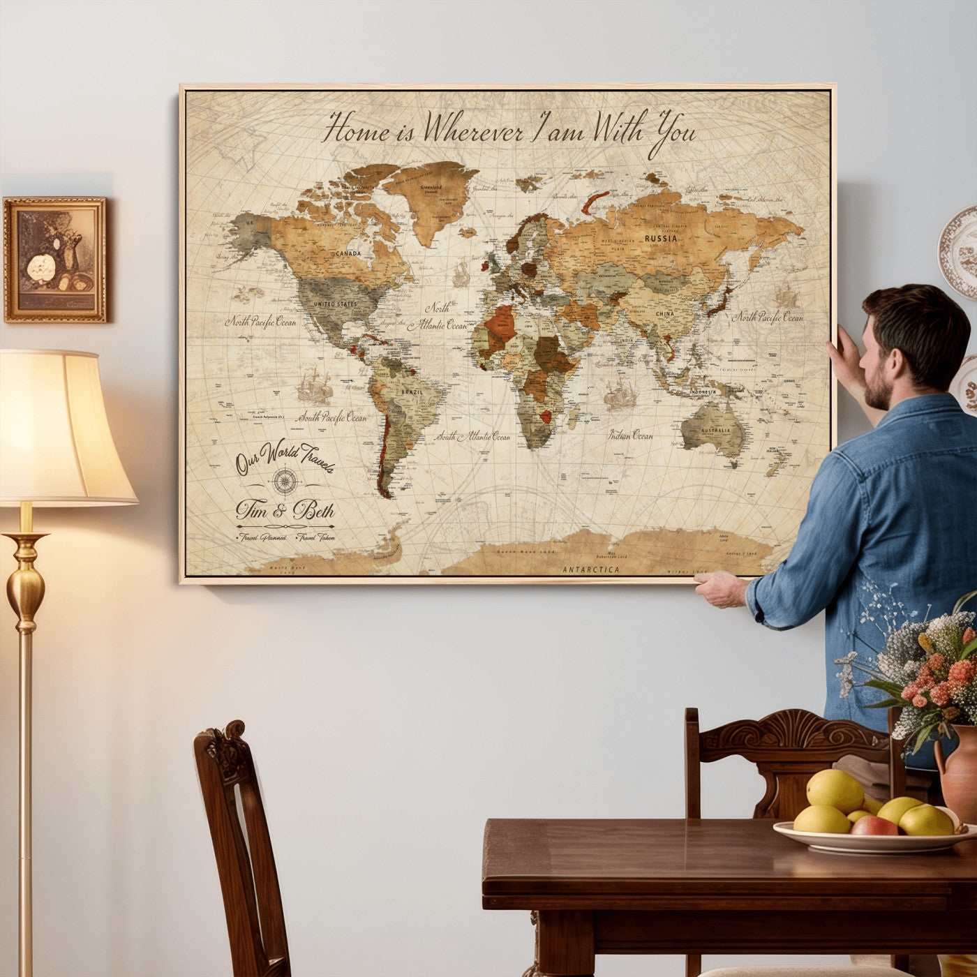 53710338-MGV-CV-36X24 - Custom Push Pin World Map Wall Art Canvas Print – Personalized Travel Tracker with Pins Framed Large for Home and Office Decor