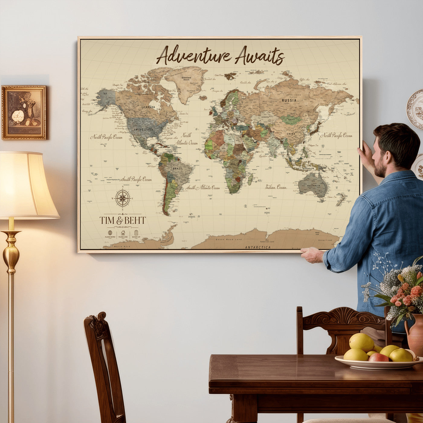 72027187-MGV-CV-36X24 - Custom Push Pin World Map Wall Art Canvas Print – Personalized Travel Tracker with Pins Map Print - NEWMAP-23