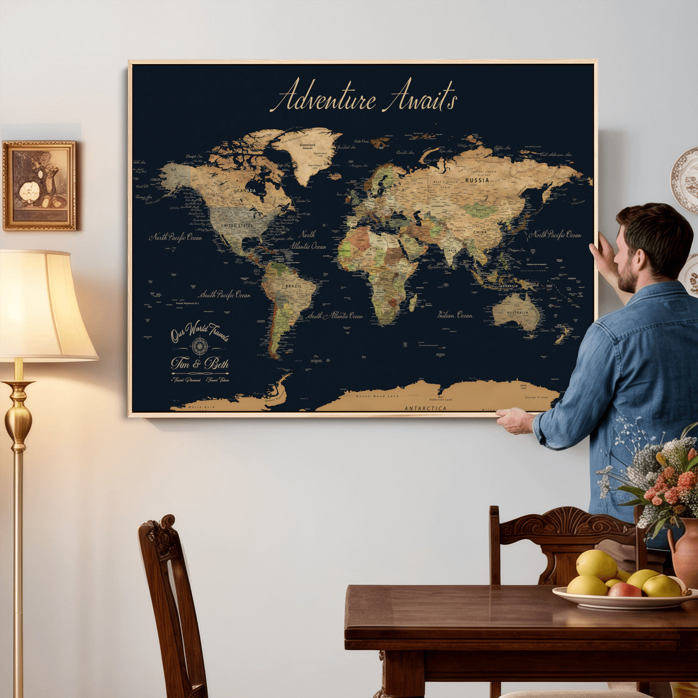 45739634-MGV-CV-36X24 - Custom Push Pin World Map Wall Art Canvas Print – Personalized Travel Tracker with Pins Framed Large for Home and Office Decor