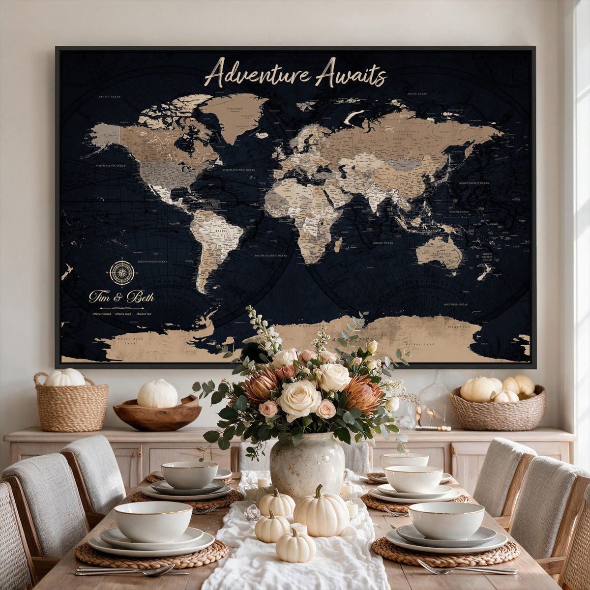 66938317-MGV-CV-36X24 - Custom Push Pin World Map Wall Art Canvas Print | Personalized Travel Tracker with Pins Framed Large for Home and Office Decor