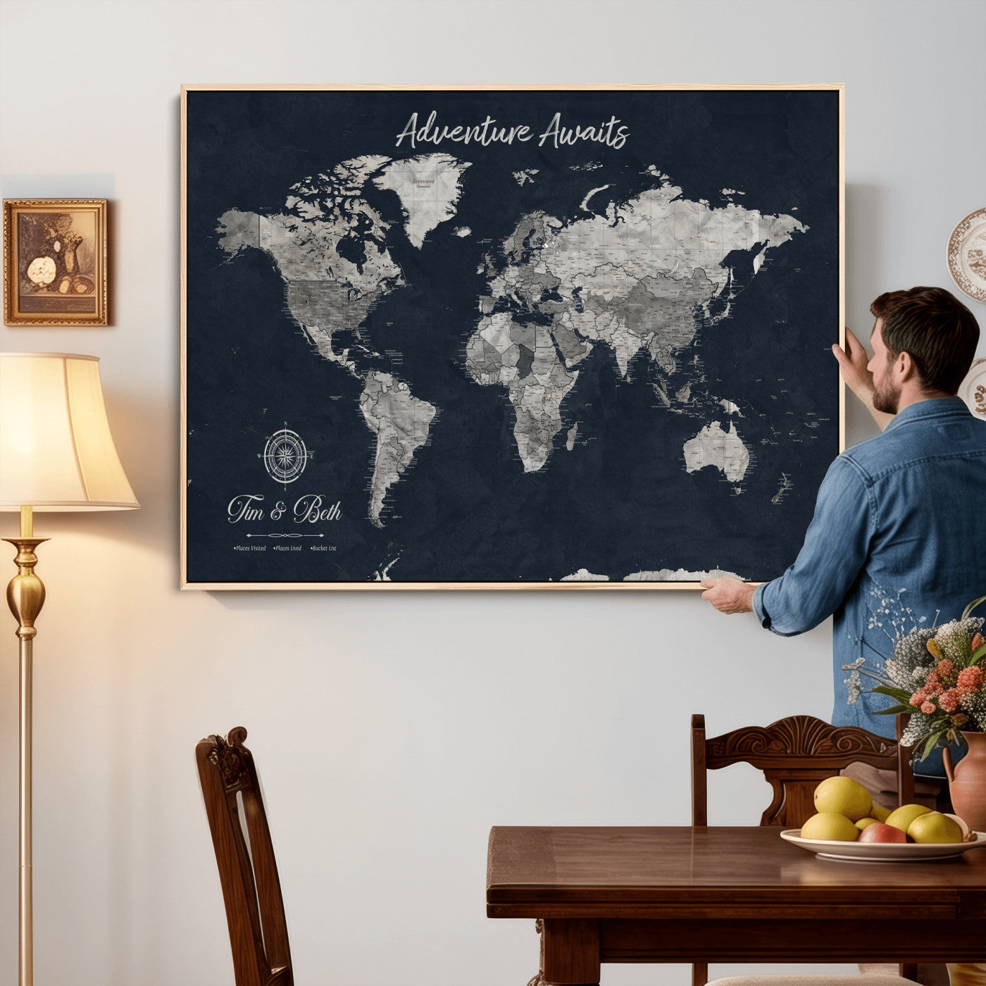 32031089-MGV-CV-36X24 - Custom Push Pin World Map Wall Art Canvas Print – Personalized Travel Tracker with Pins Framed Large for Home and Office Decor
