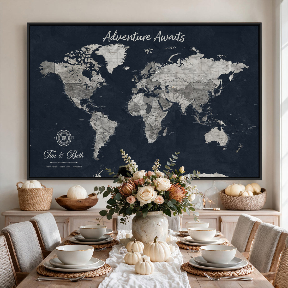 32031089-MGV-CV-36X24 - Custom Push Pin World Map Wall Art Canvas Print | Personalized Travel Tracker with Pins Framed Large for Home and Office Decor