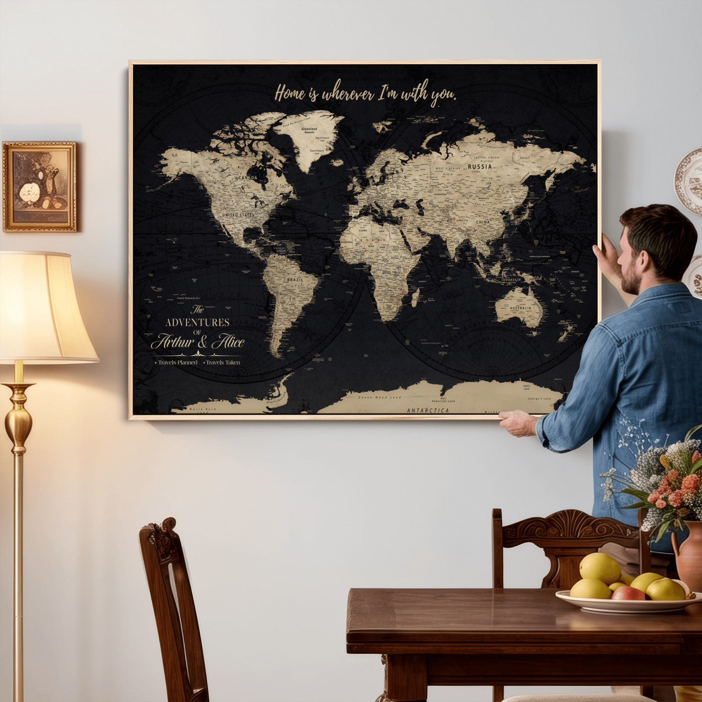 31416046-MGV-CV-36X24 - Custom Push Pin World Map Wall Art Canvas Print – Personalized Travel Tracker with Pins Framed Large for Home and Office Decor
