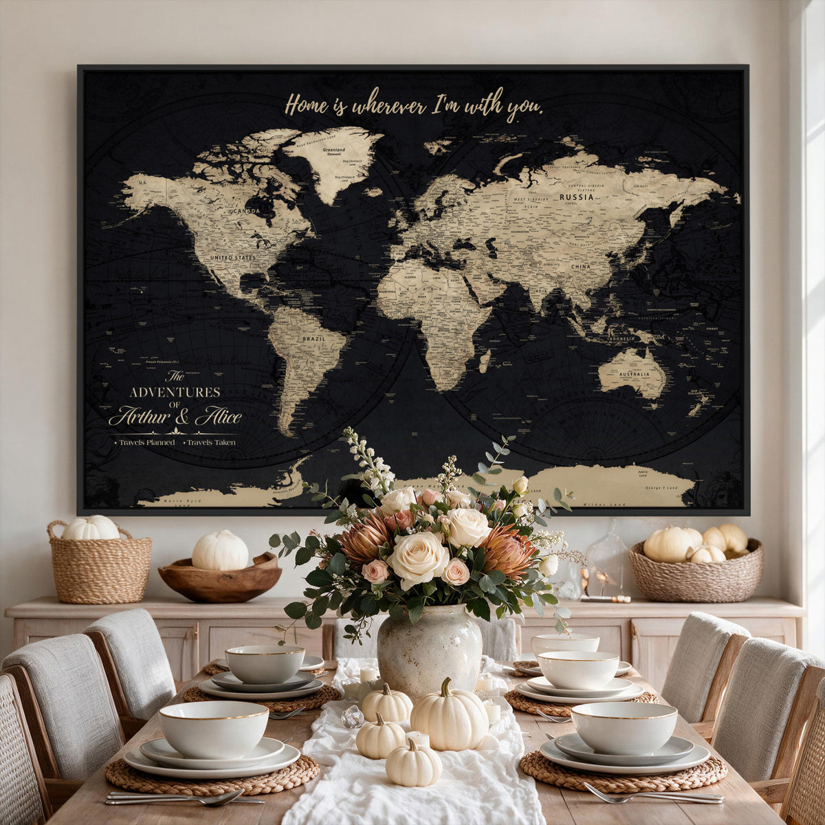 31416046-MGV-CV-36X24 - Custom Framed Beige Vintage Push Pin Travel Map Canvas Print, Honeymoon and Anniversary Gift, Study and Hallway Decor