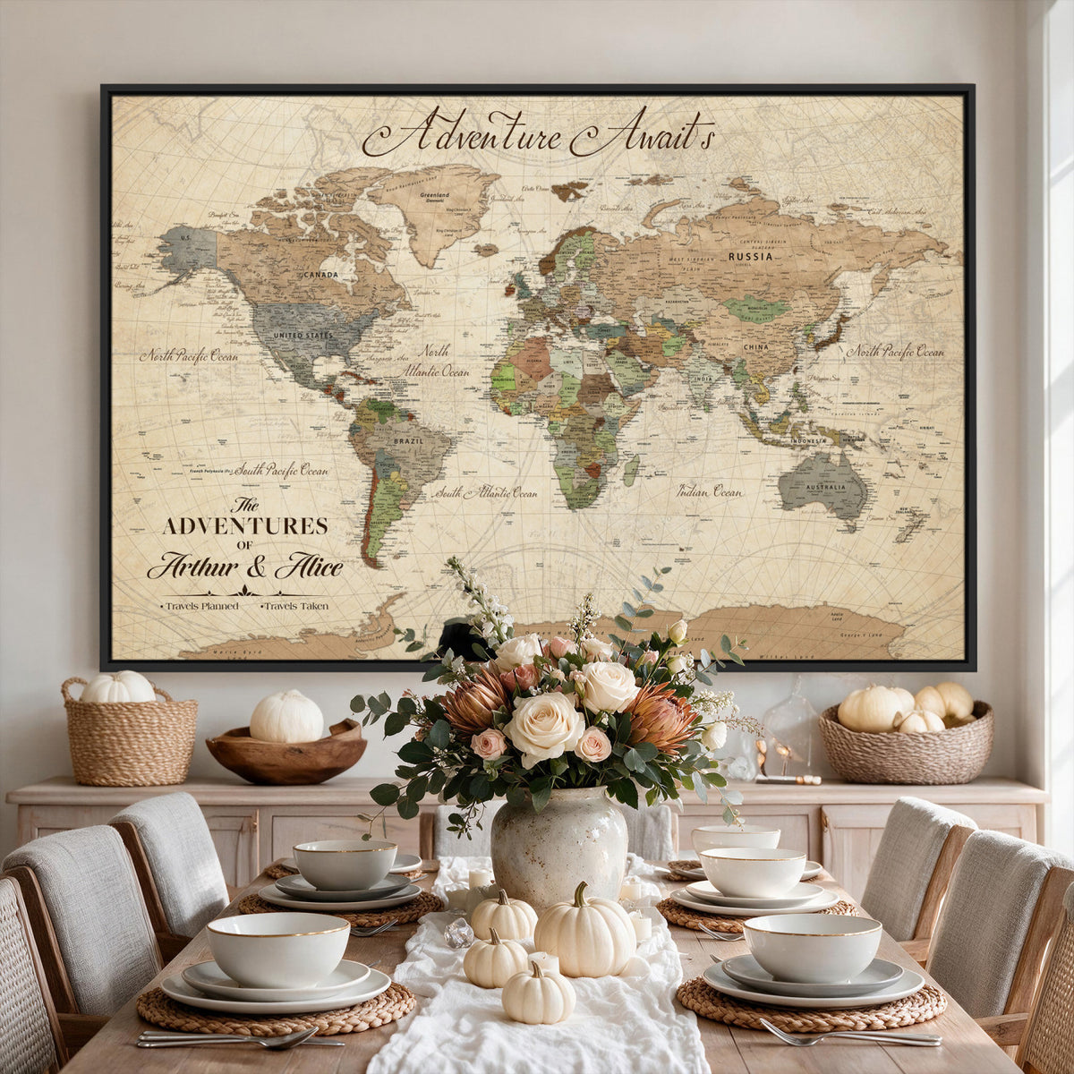 18308111-MGV-CV-36X24 - Custom Push Pin World Map Wall Art Canvas Print | Personalized Travel Tracker with Pins Framed Large for Home and Office Decor