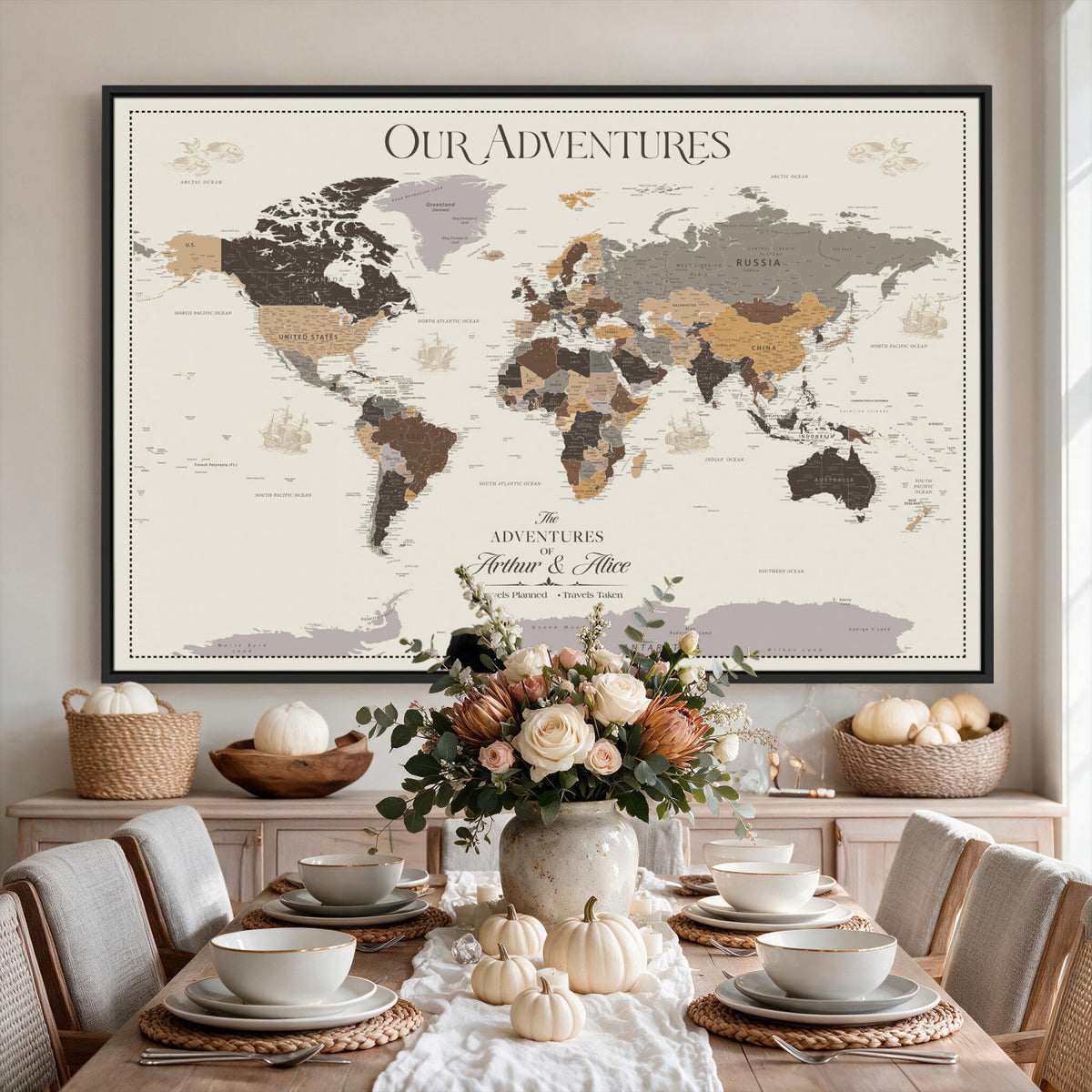 66301646-MGV-CV-36X24 - Custom Push Pin World Map Wall Art Canvas Print | Personalized Travel Tracker with Pins Framed Large for Home and Office Decor