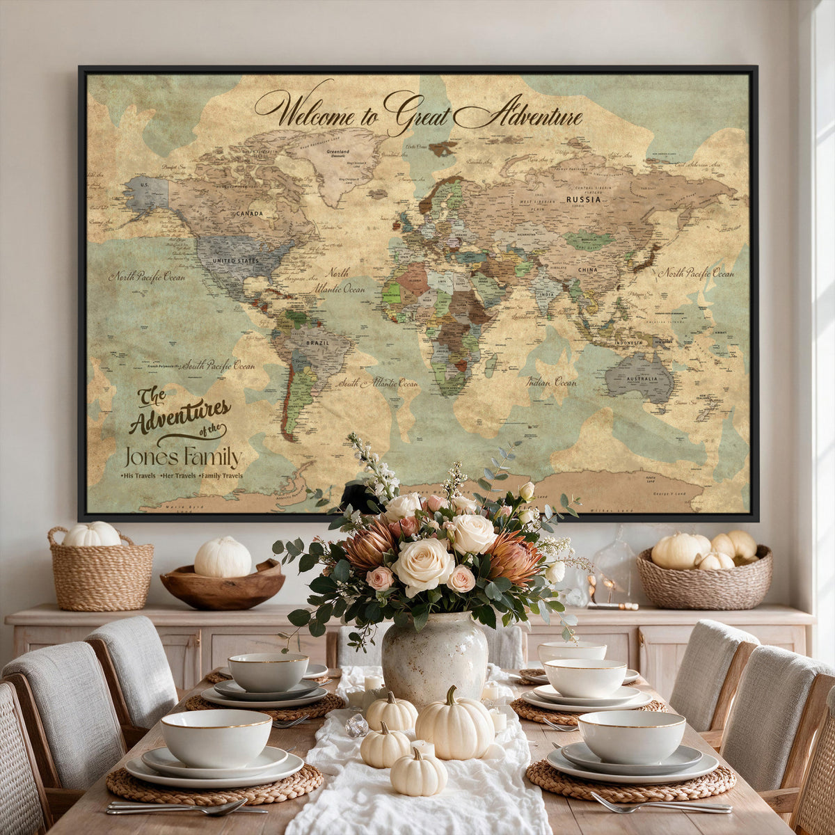 38092909-MGV-CV-36X24 - Personalized Framed Navy Vintage Push Pin World Map Wall Art, Places Visited Tracker, Bedroom and Hallway Decor