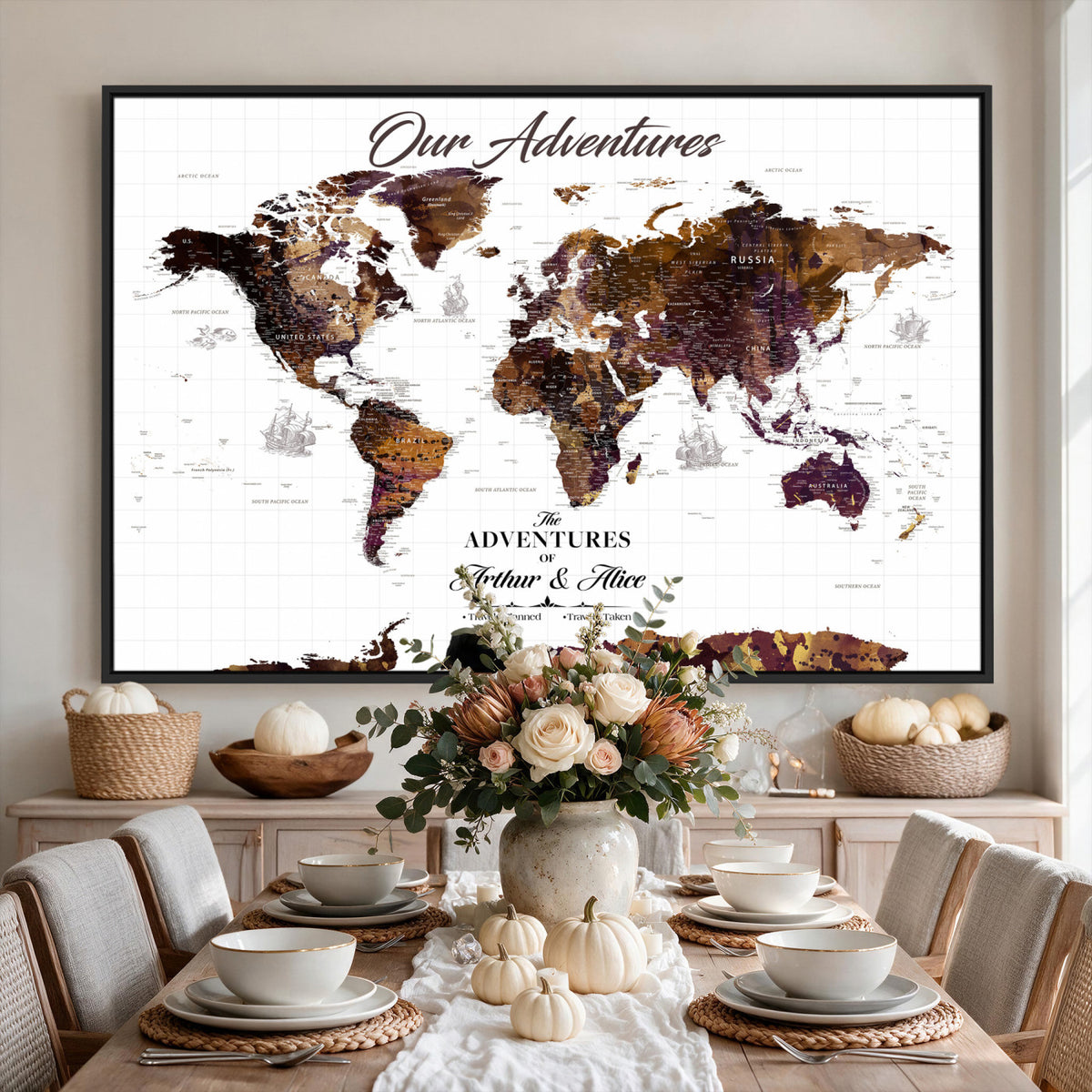 95729279-MGV-CV-36X24 - Personalized Framed Beige Vintage Push Pin Travel Map Canvas Print, Next Trip Planner Map, Home Office and Entryway Decor