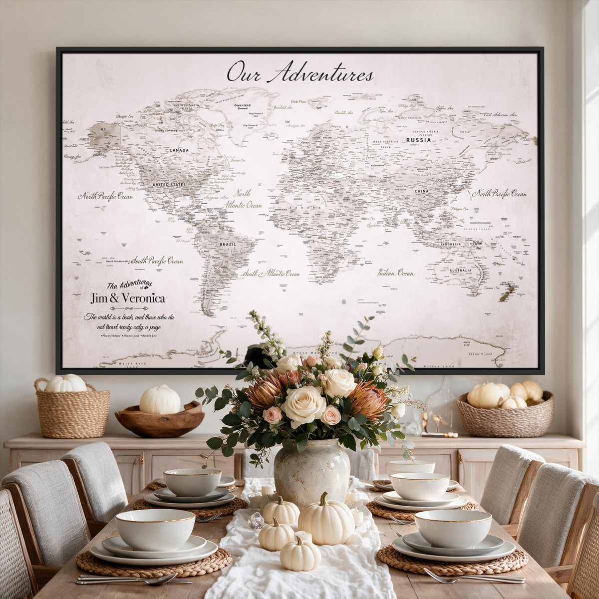 62392749-MGV-CV-36X24 - Personalized Beige Vintage World Travel Map Wall Art with Pins, Honeymoon and Anniversary Gift, Entryway and Hallway Decor