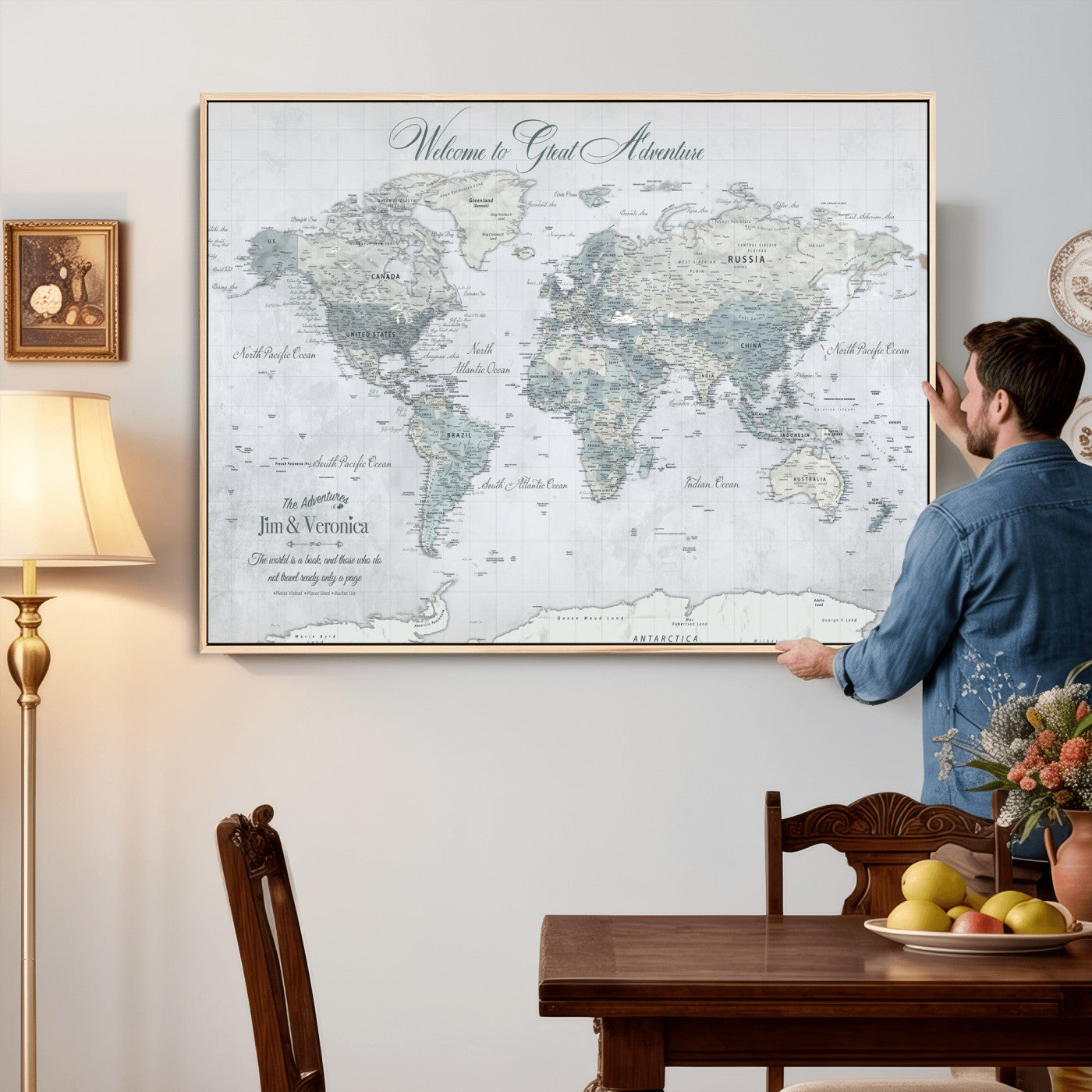 55391088-MGV-CV-36X24 - Custom Push Pin World Map Wall Art Canvas Print – Personalized Travel Tracker with Pins Framed Large for Home and Office Decor