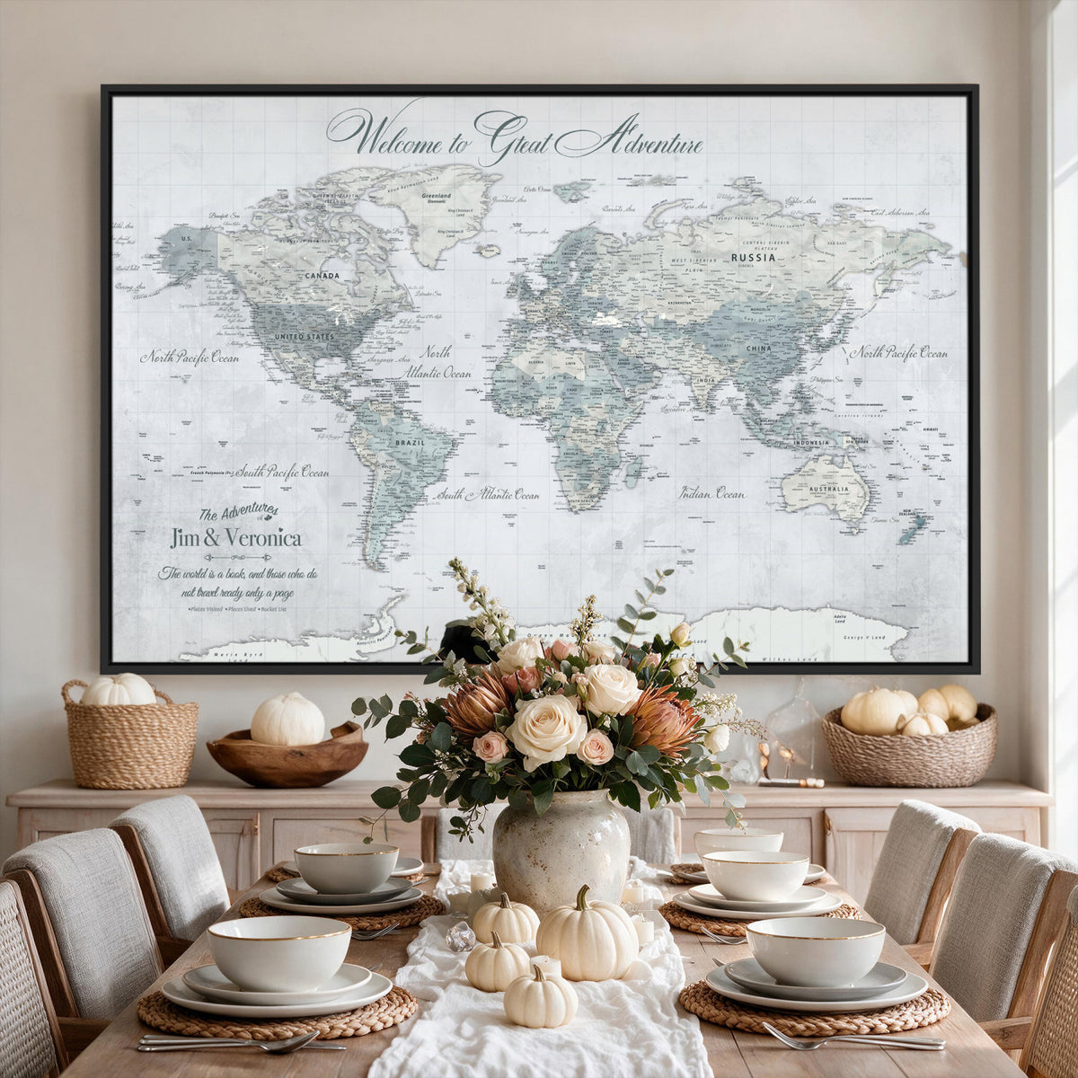 55391088-MGV-CV-36X24 - Personalized Beige Antique Push Pin World Map Canvas Print, Family Travel Tracker, Family Room and Entryway Decor