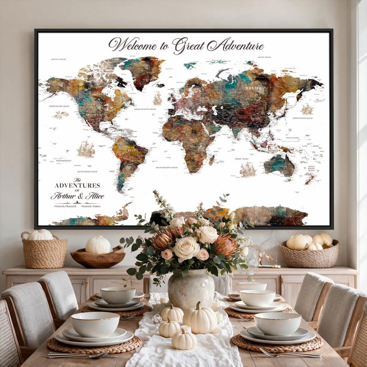 20271103-MGV-CV-36X24 - Custom Framed Beige Modern Push Pin World Map Wall Art, Couples Countries Visited Map, Study and Entryway Decor