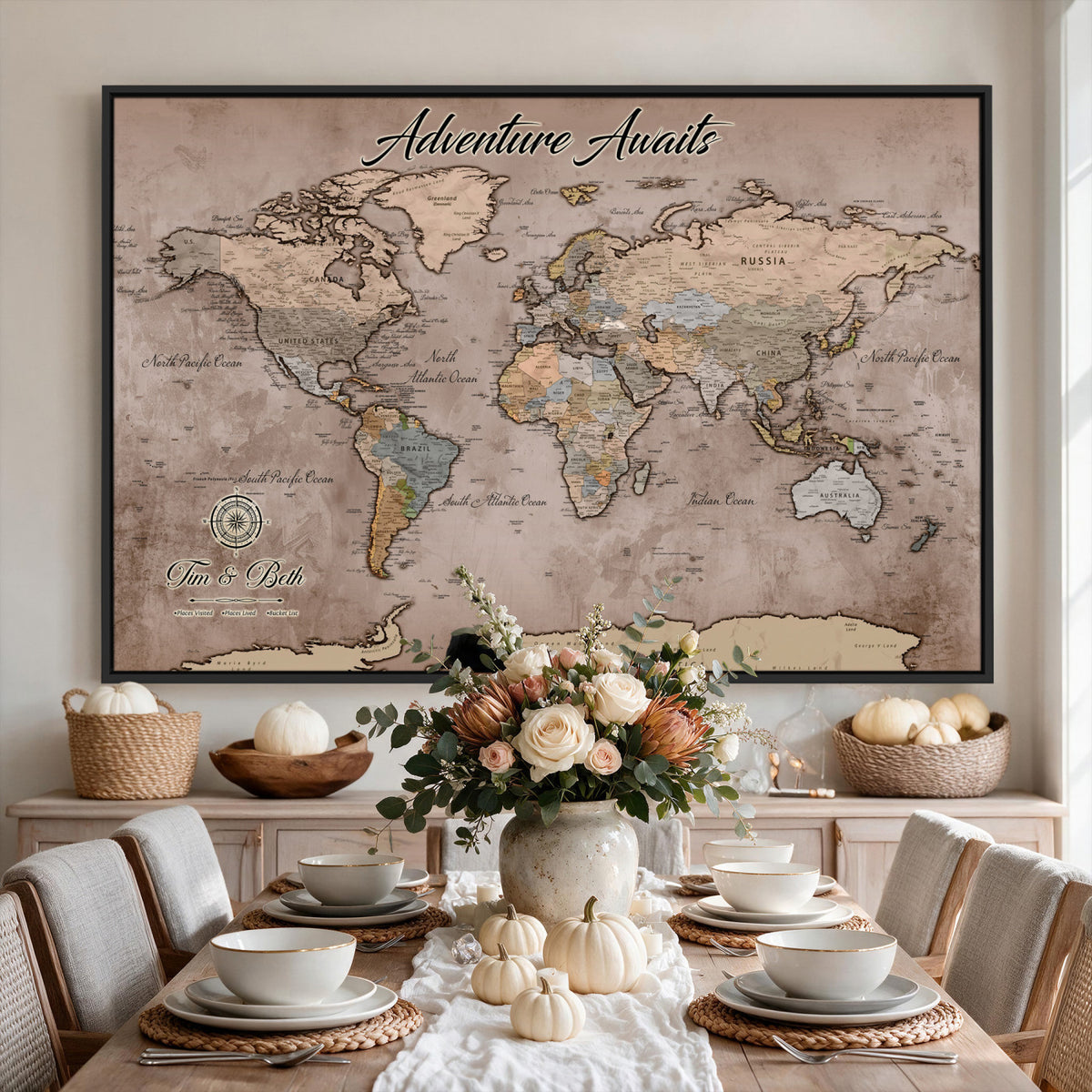 30508877-MGV-CV-36X24 - Custom Push Pin World Map Wall Art Canvas Print | Personalized Travel Tracker